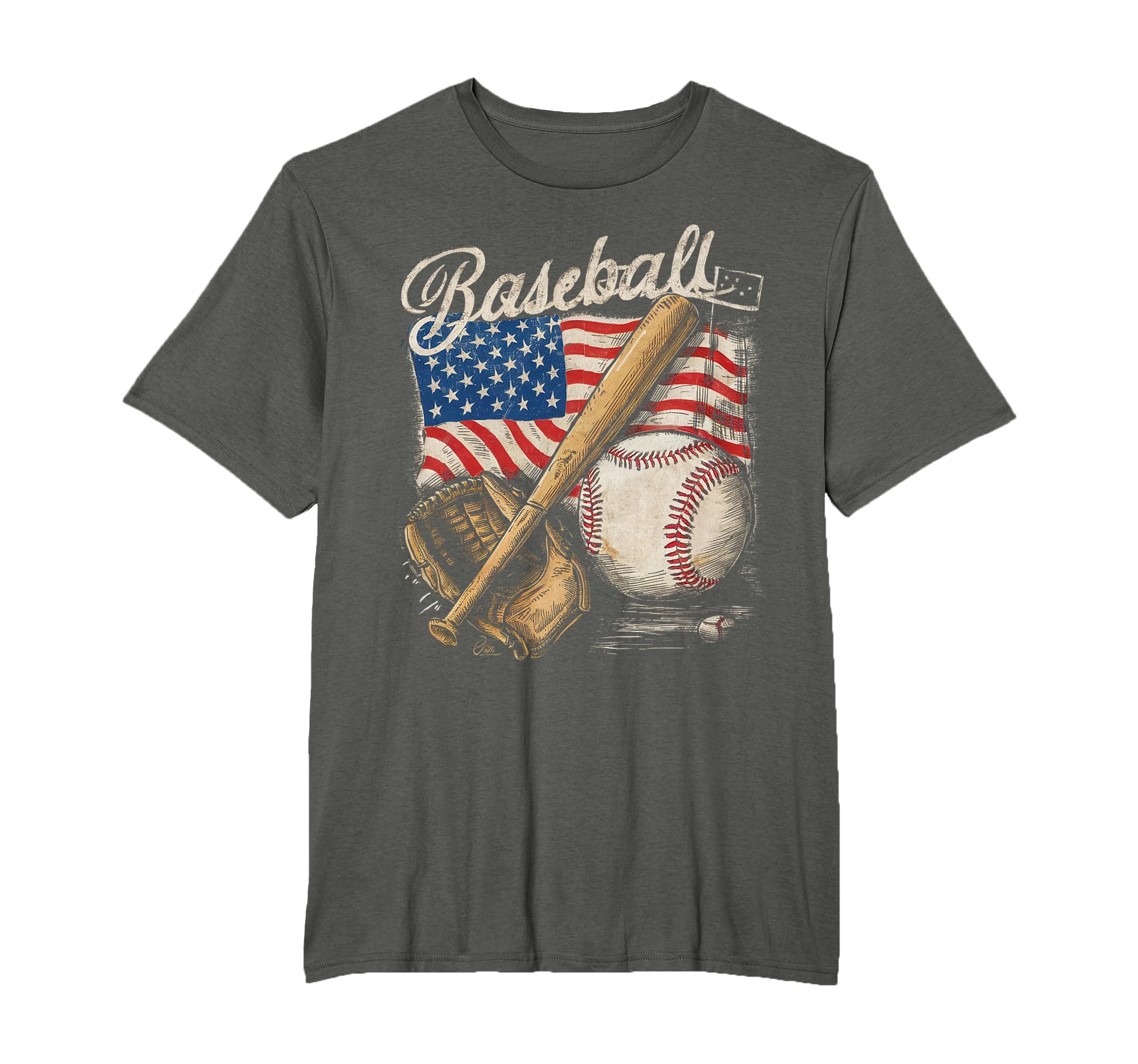 American Flag Baseball Player Bat Fan Catcher Pitcher USA T-Shirt