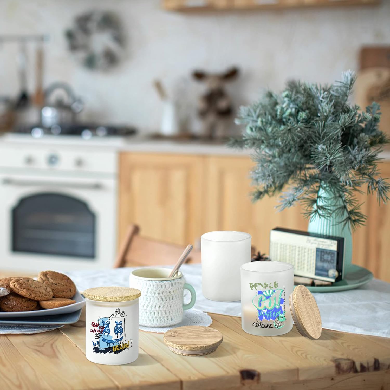 AGH 10oz Sublimation Glass Tealight Candle Holder with Bamboo Lids,50 Pcs Frosted Candle Jars Blanks Candle Vessels for Hand Candle Making, for Wedding Party Decorations, Home Table Decor.