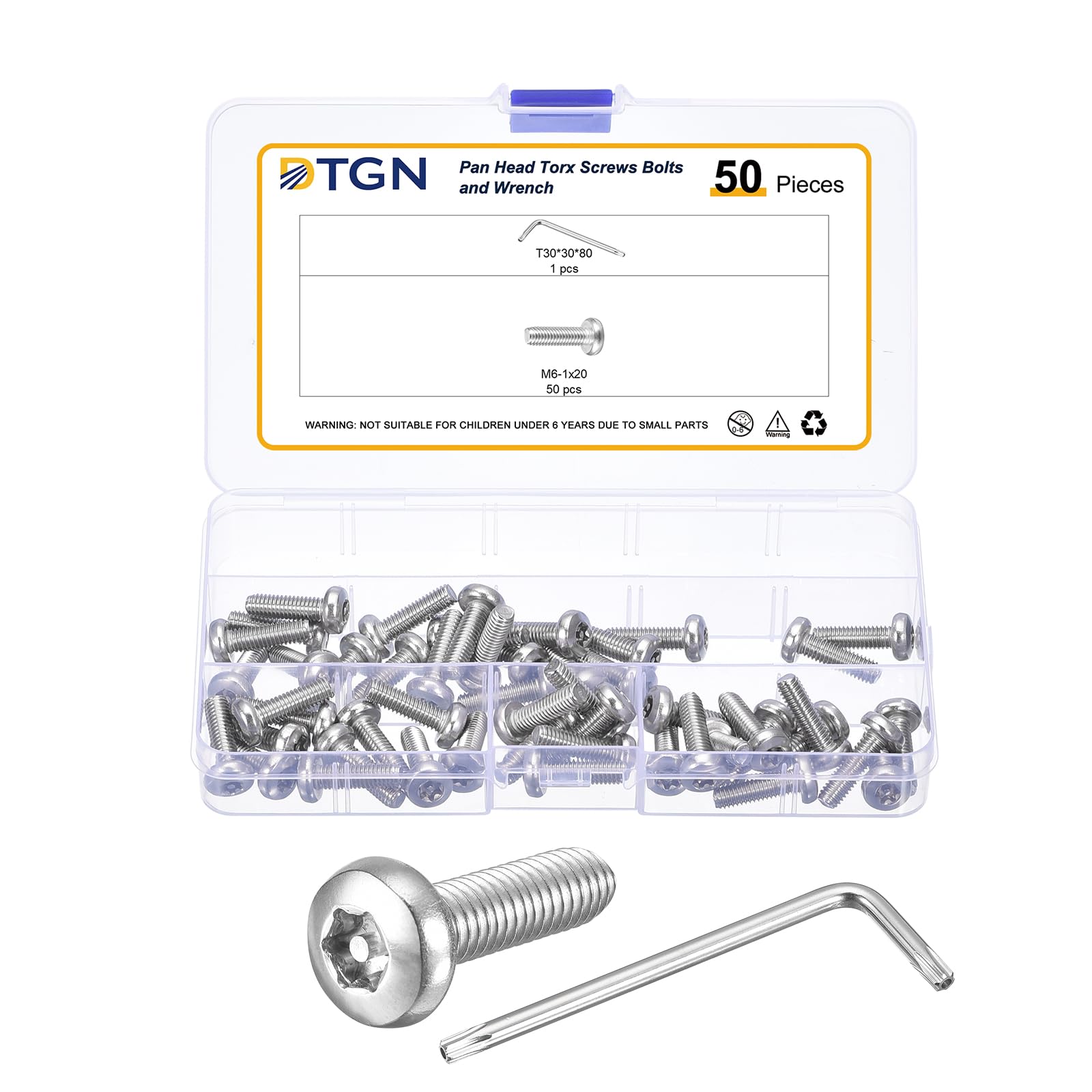 DTGN M6x20mm Pan Head Torx Security Screws, 50Pack, Good for Machinery