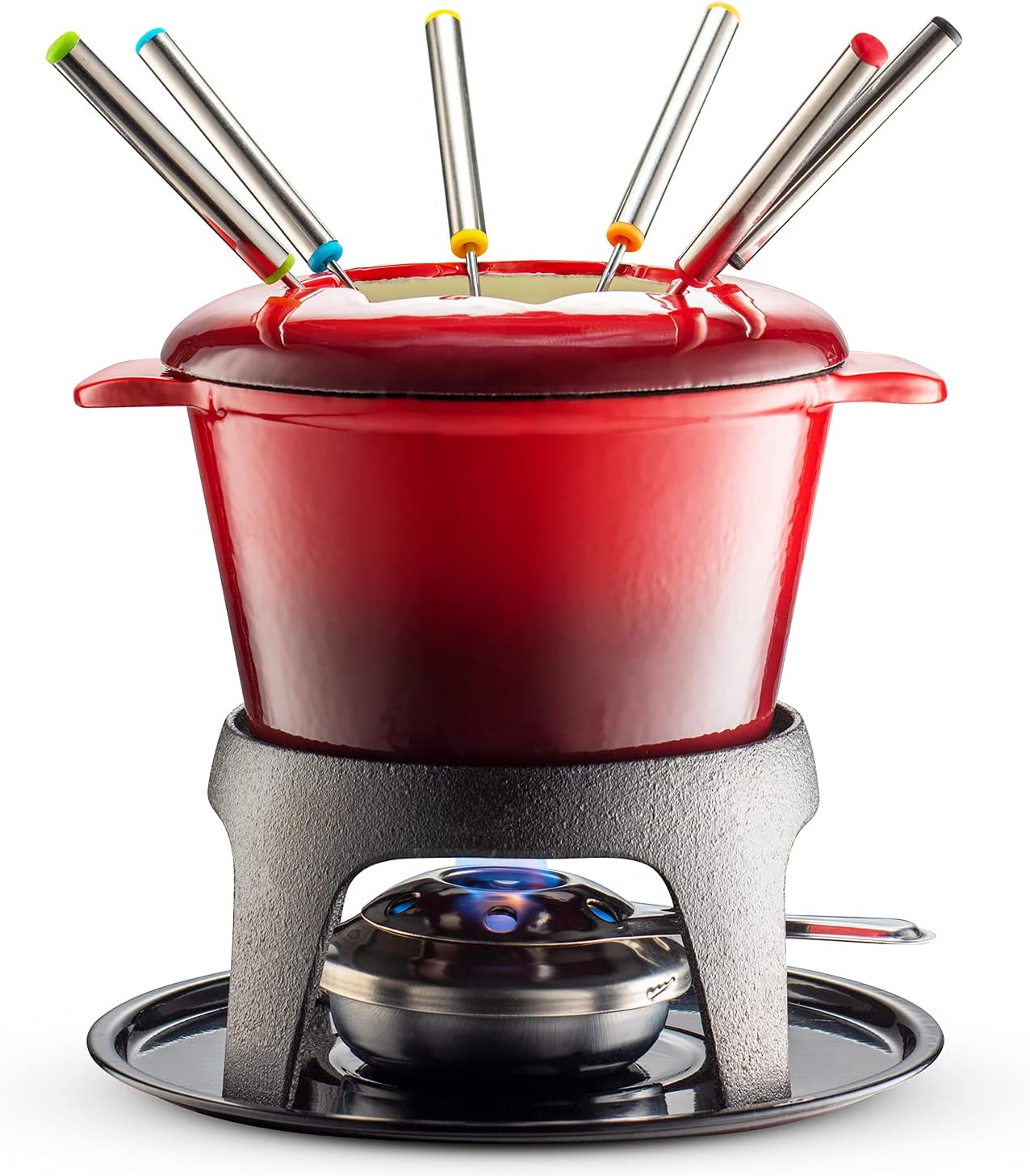 Klee 12-Piece Cast Iron Fondue Set with Red Fondue Pot, 6 Fondue Forks, Fondue Burner and Fondue Pot Base, 44 oz