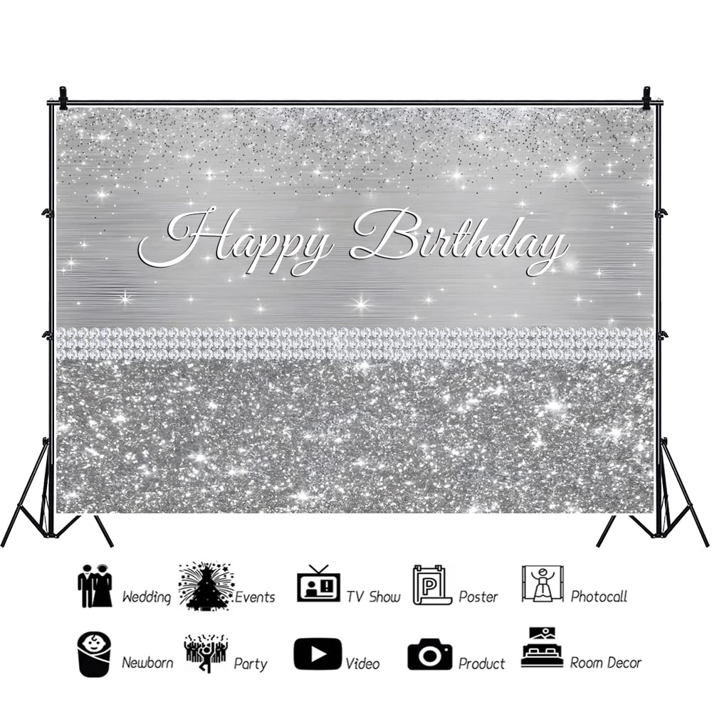300x250cm Plata Brillante telón de Fondo Feliz cumpleaños Plata Glitter fotografía Fondo bebé Bautismo Fiesta de cumpleaños decoración para Tarta Mesa Banner