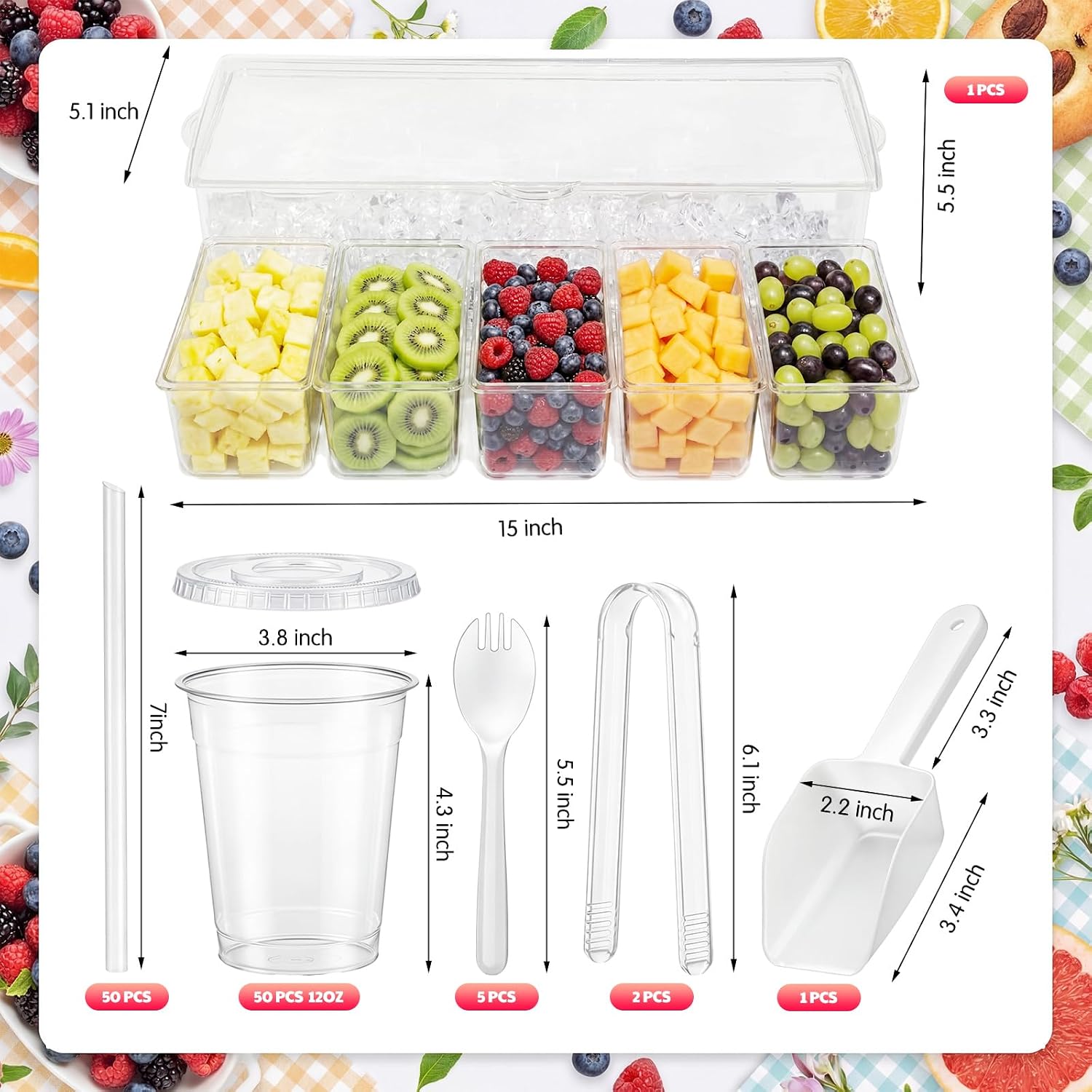 Thenshop 50 Pack Dirty Soda Bar Supplies - 12oz PET Cups with Lids & Straws, Soda Bar Sign, Chilled Condiment Tray Server with Utensils, Disposable Cups Kit for Wedding, Bridal Shower Birthday Party