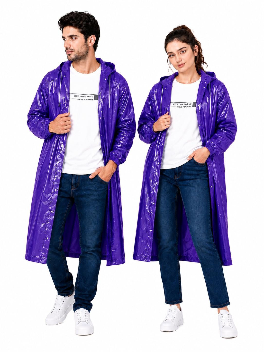 Hooded Raincoat, Purple, Waterproof, Button-Up, Drawstring Hood, Elastic Cuffs, Lightweight Rain Jacket | Unisex | Free Size |-image-44