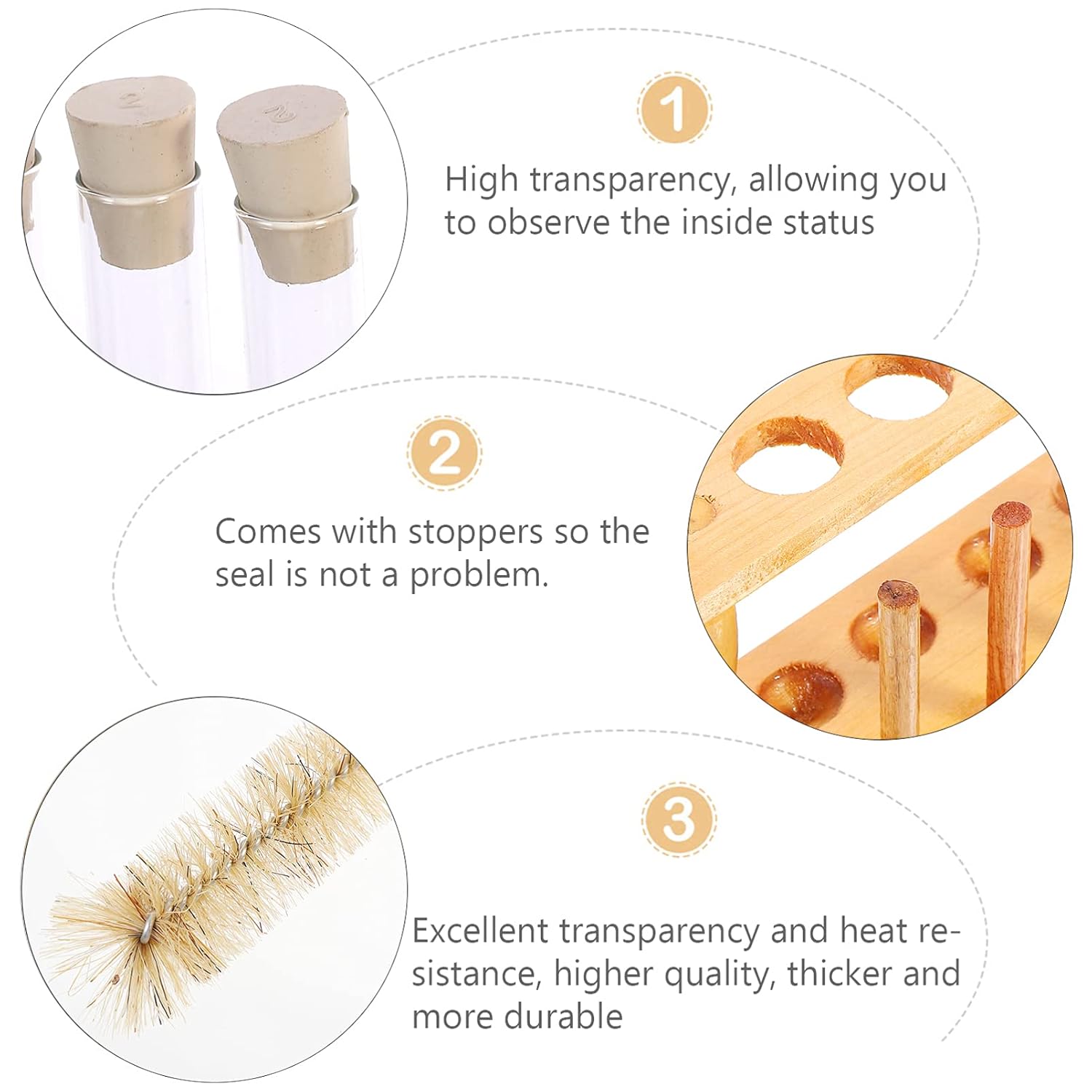 1Set Test Tubes with Lids Rack and Cleaning Brush for Laboratory Experiments and Daily Use Glass Tubes with Rubber Stoppers