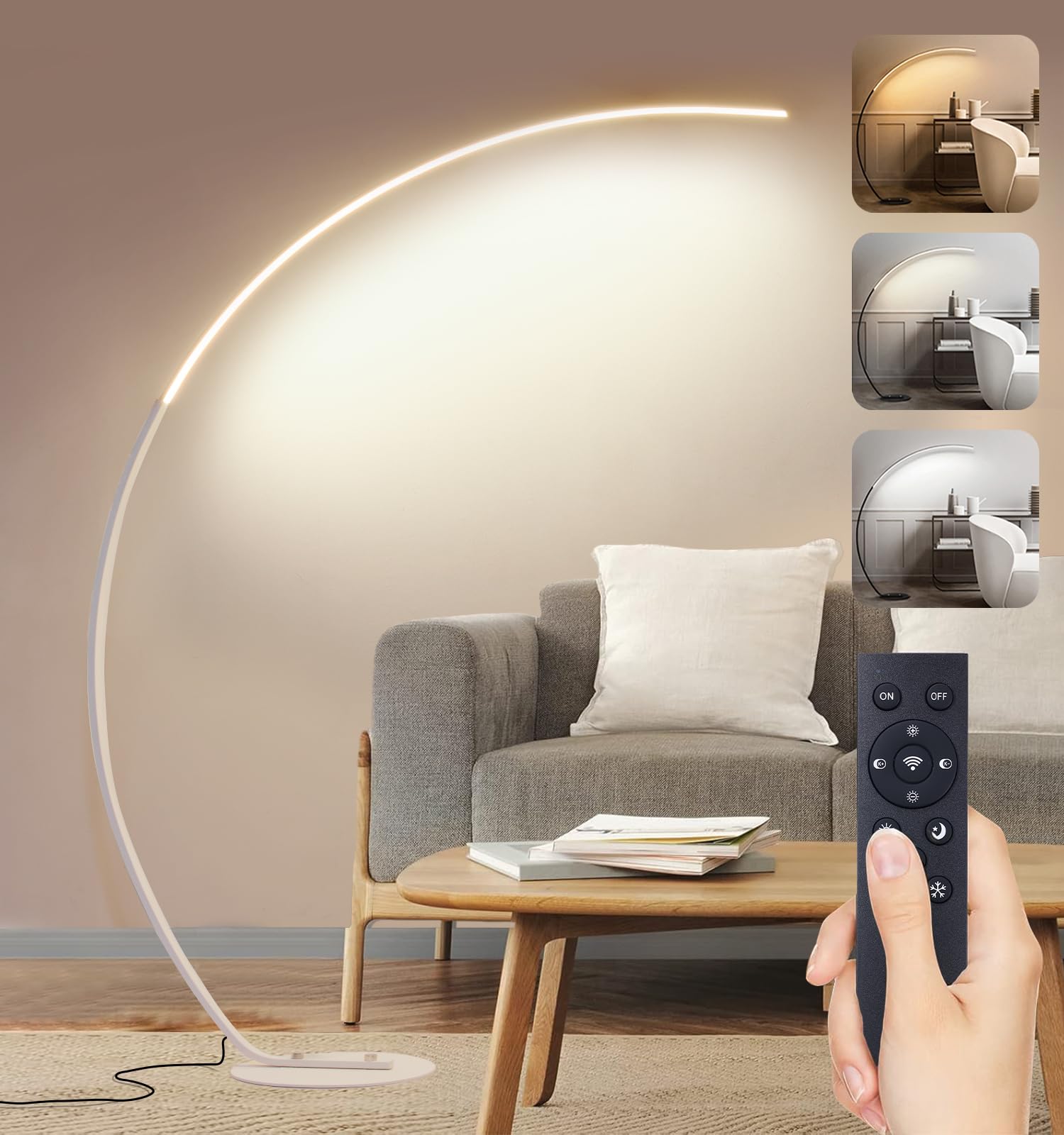 Lámpara de Pie Salon Moderna LED, 25W Regulable Lámpara de Pie Arco con Mando a Distancia, Lampara Pie Lectura para Salas de Estar, Dormitorios, Oficina, Blanco, 170cm