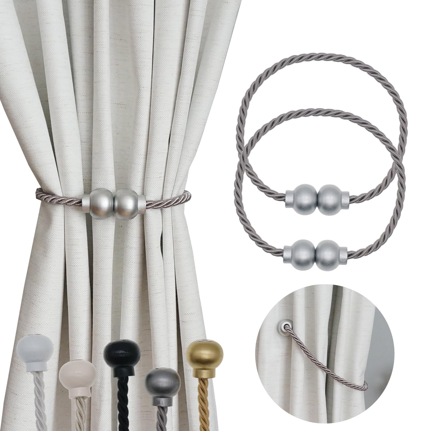 2 Pack Magnetic Curtain Tiebacks Modern Handmade Rope Curtain Tie Backs Decorative Drapes Weave Holdbacks for Home Outdoor Bedroom Office Decorative Curtain, Grey
