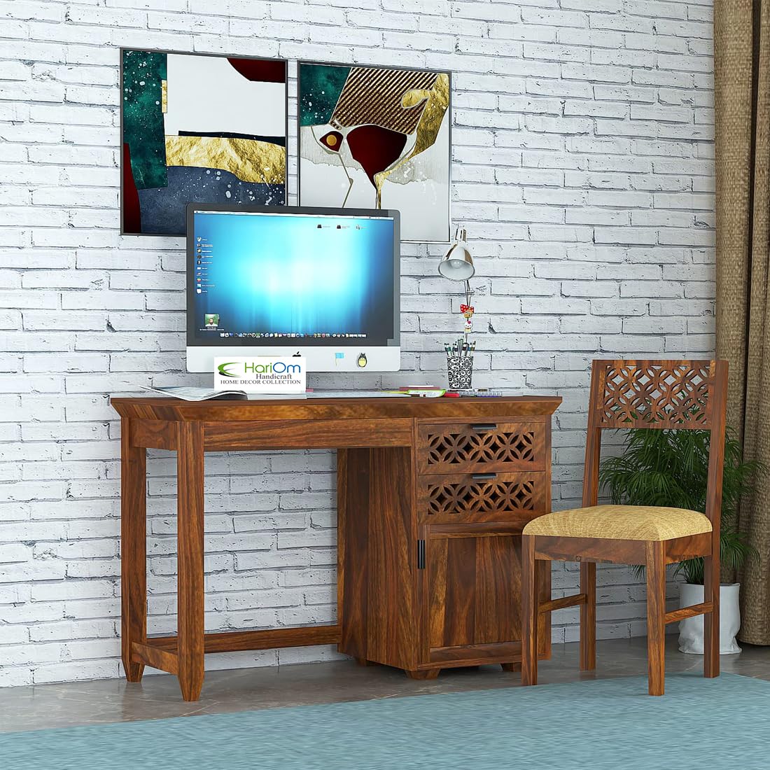Hariom Handicraft Kendalwood Furniture Solid Sheesham Wooden And Chair Set | Office Desk - Study Table ( Honey Finish), 78 cm, 118 cm, 43.3 inches