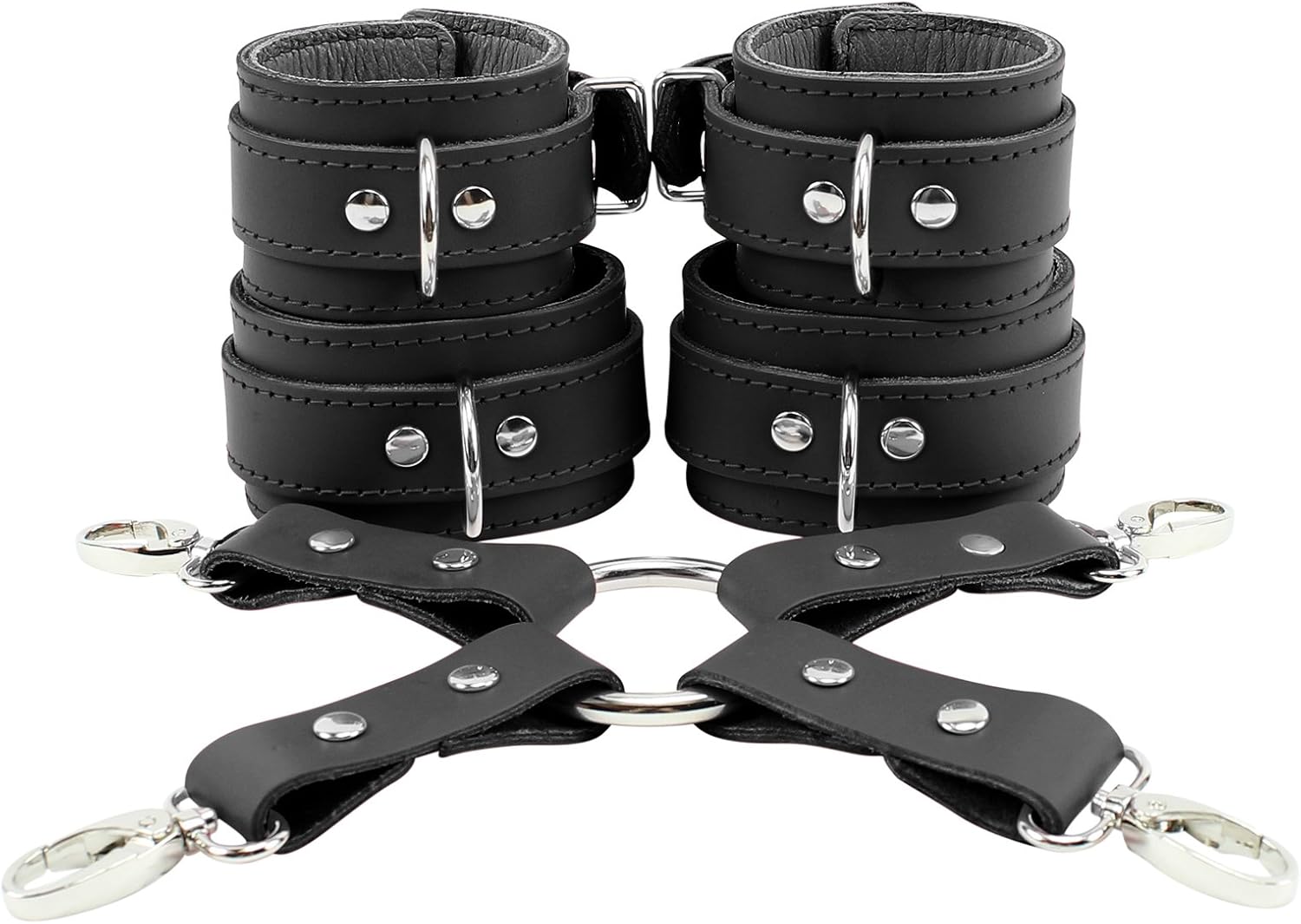 VP Leather Aubrey Cuffs Combo Connector Wrist and Ankle - Sturdy Latigo Leather and Soft Lambskin - Sex Games for Couples