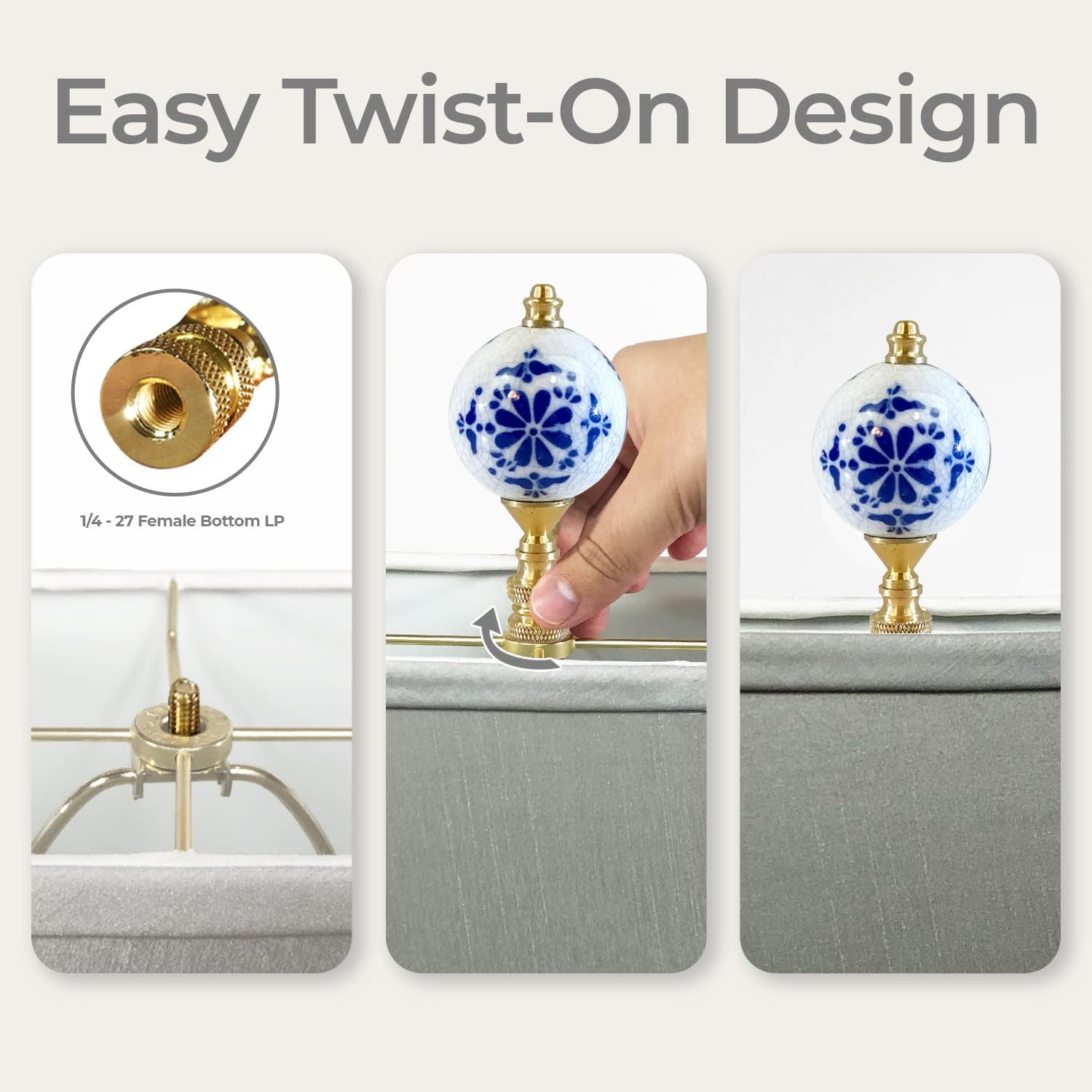 Royal Designs, Inc. Crackled Round Blue & White Accent Finial for Lamp Shade, F-5300PB-1, Polished Brass - Pack of 1