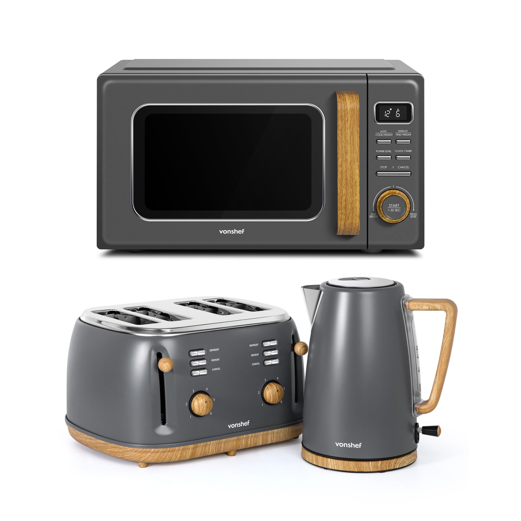 VonShef Microwave Kettle Toaster Set – Scandi Kitchen Set, 1.7L Rapid Boil Kettle, Wide Slot Toaster 4 Slice, and 23L Digital Microwave with 11 Power Levels & 10 Reheat Settings – Fika Range, Grey
