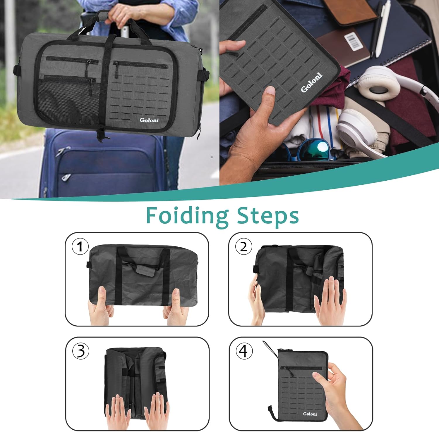 Foldable Travel Duffle Bag,Duffle Bag with Shoes Compartment and Adjustable Strap,Large Packable Travel Bags for Men Women,Waterproof Duffel Bag - Image 6