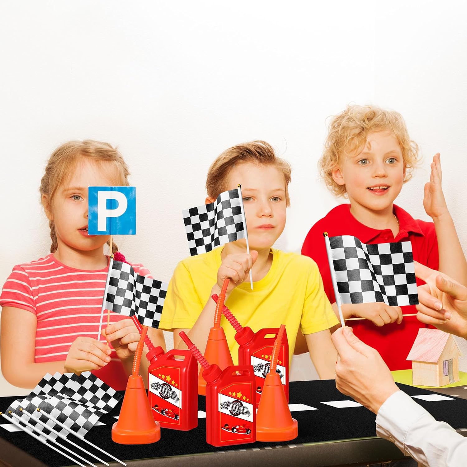 Mifoci 25 Pcs Racing Birthday Party Supplies Include 6 Fuel Race Cups 6 Cone Cups 12 Checkered Flags and Racetrack Floor Runner Race Theme Party Decorations for Racing