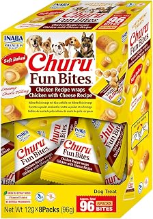 INABA Churu Fun Bites Dog Snacks, Chicken and Cheese Chips - 8 Packs x 12 g - Soft and Delicious Dog Bites, Without Preservatives or Artificial Colourings, Grain-Free