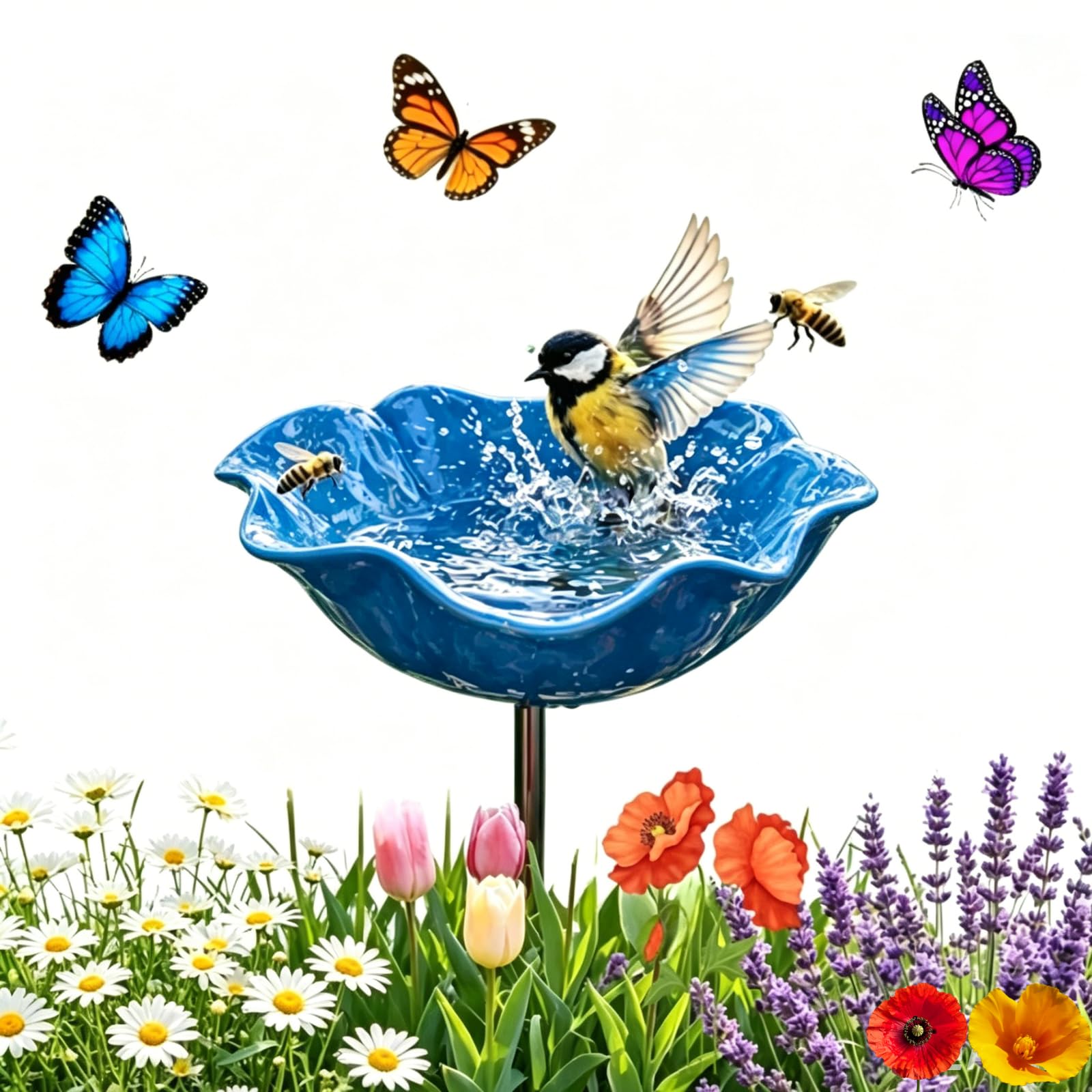 Metal Flower Garden Stakes Bird Bath | Everlasting Blooms, Handmade Metal Flower Garden Stake with Bird Bath, Bee Butterfly Water Station, Outdoor Lawn Stake for Nature Lovers