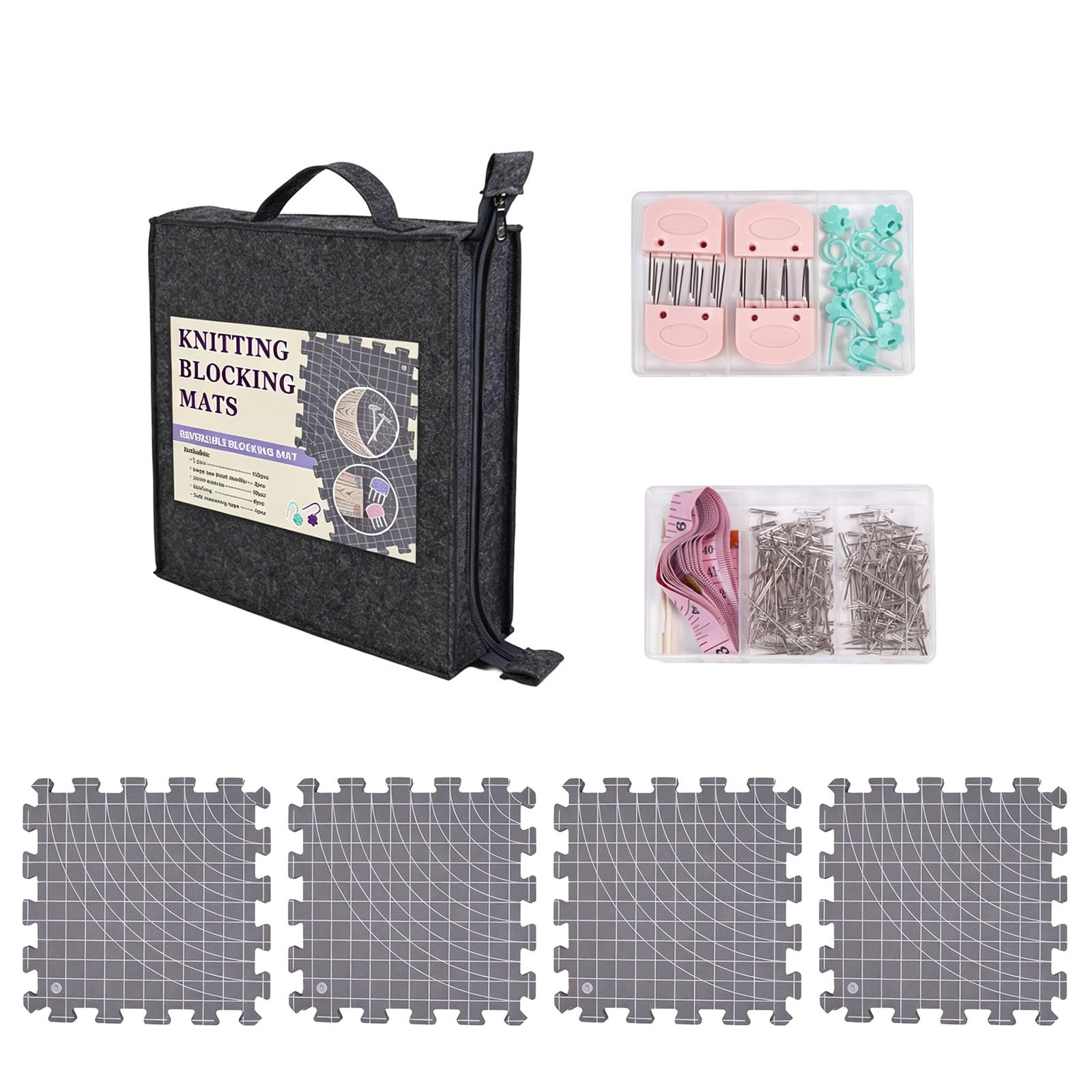 Tapetes de bloqueo para tejer con guías de medición impresas, juego de 4 tapetes, bolsa de transporte y herramientas de modelado para trabajos de crochet Tapetes de bloqueo de punto Tabla de crochet