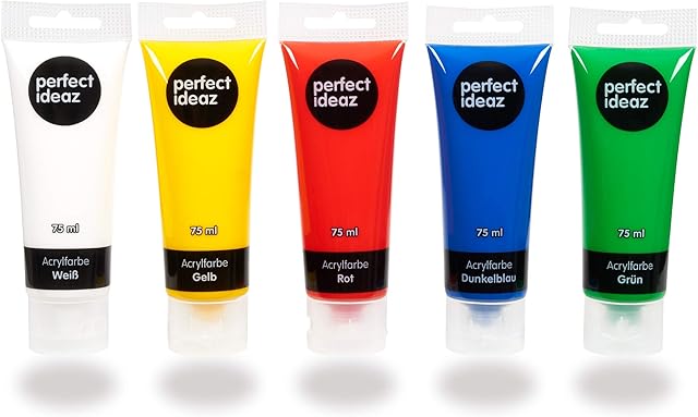 perfect ideaz colourful set of 5 tubes of acrylic paints, each 75 ml, 5 different creative paint colours, high colour pigment content, high coverage and fast drying acrylic paints