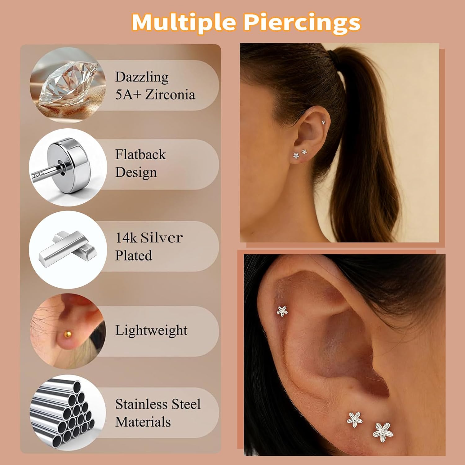 Flat Back Earrings for Women,14k Gold/Silver Plated Small Flat Back Stud Earrings Cartilage Helix Multiple Piercing Jewelry Hypoallergenic Earrings for Sensitive Ears -3-piece or 3-pair - Image 5
