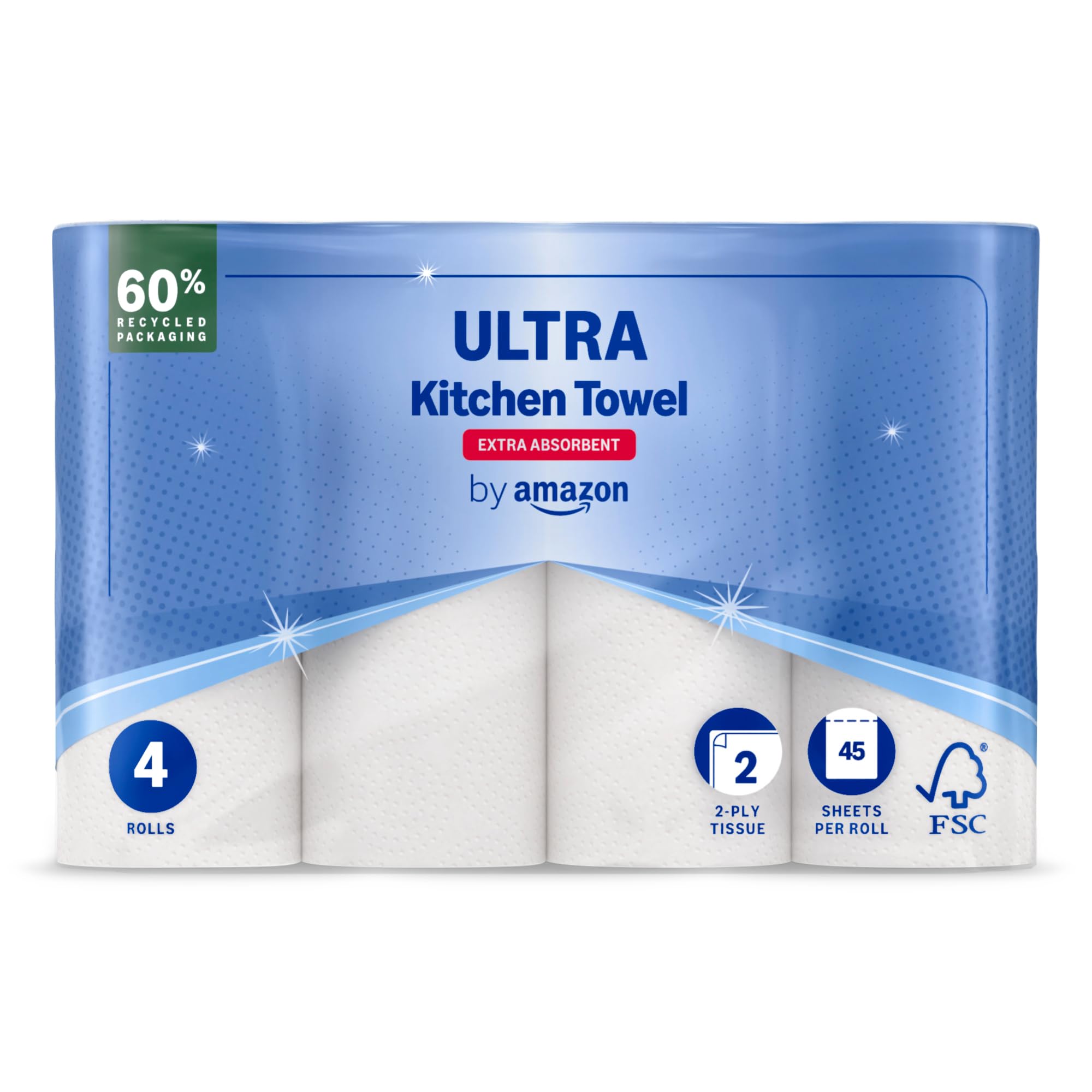 by Amazon ULTRA Kitchen Roll, Extra Absorbent, 4 Rolls (Pack of 1), 45 Sheets per Roll, Wring and Reuse, FSC Certified