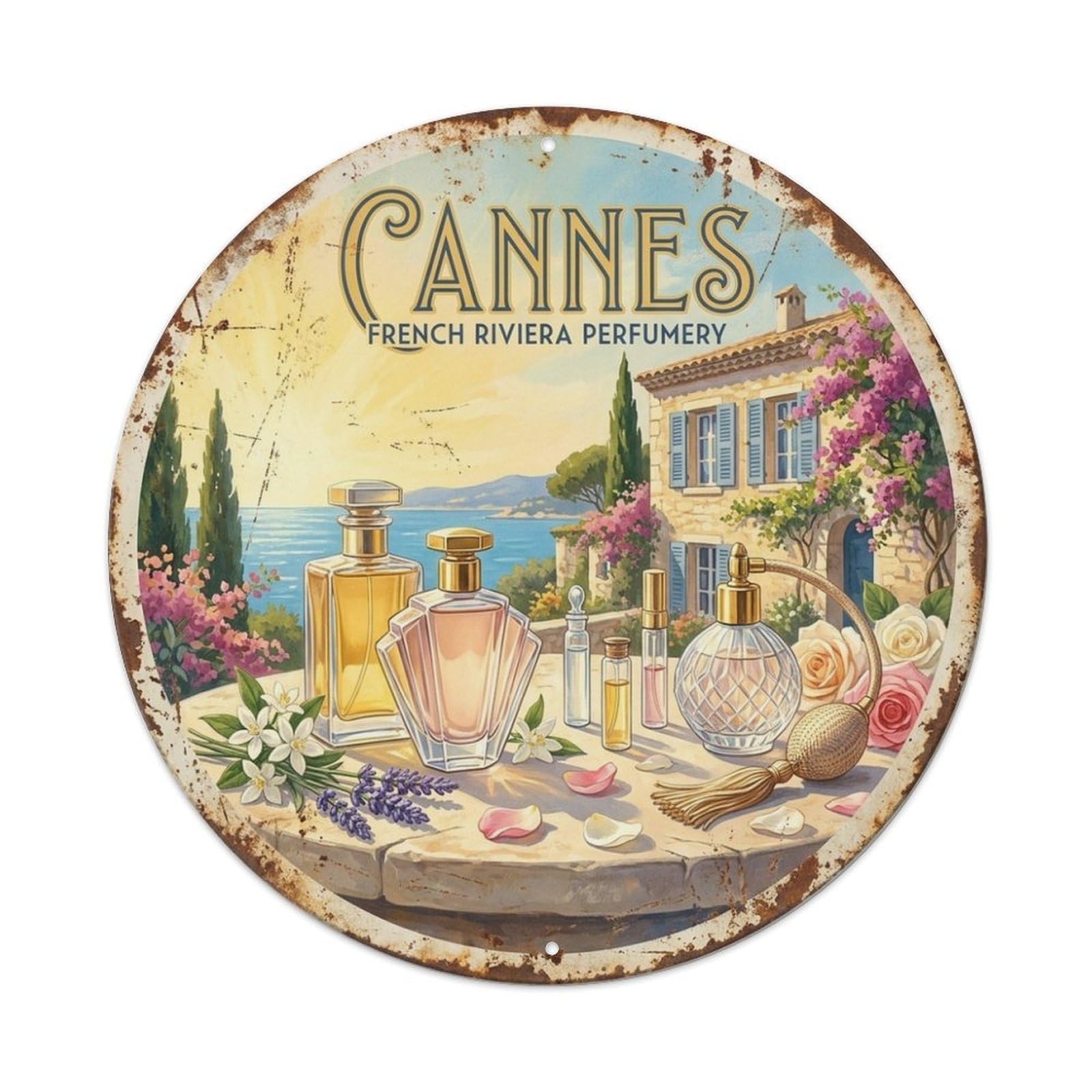 Cannes Perfume French Riviera Scenic Travel Vintage Metal Tin Sign