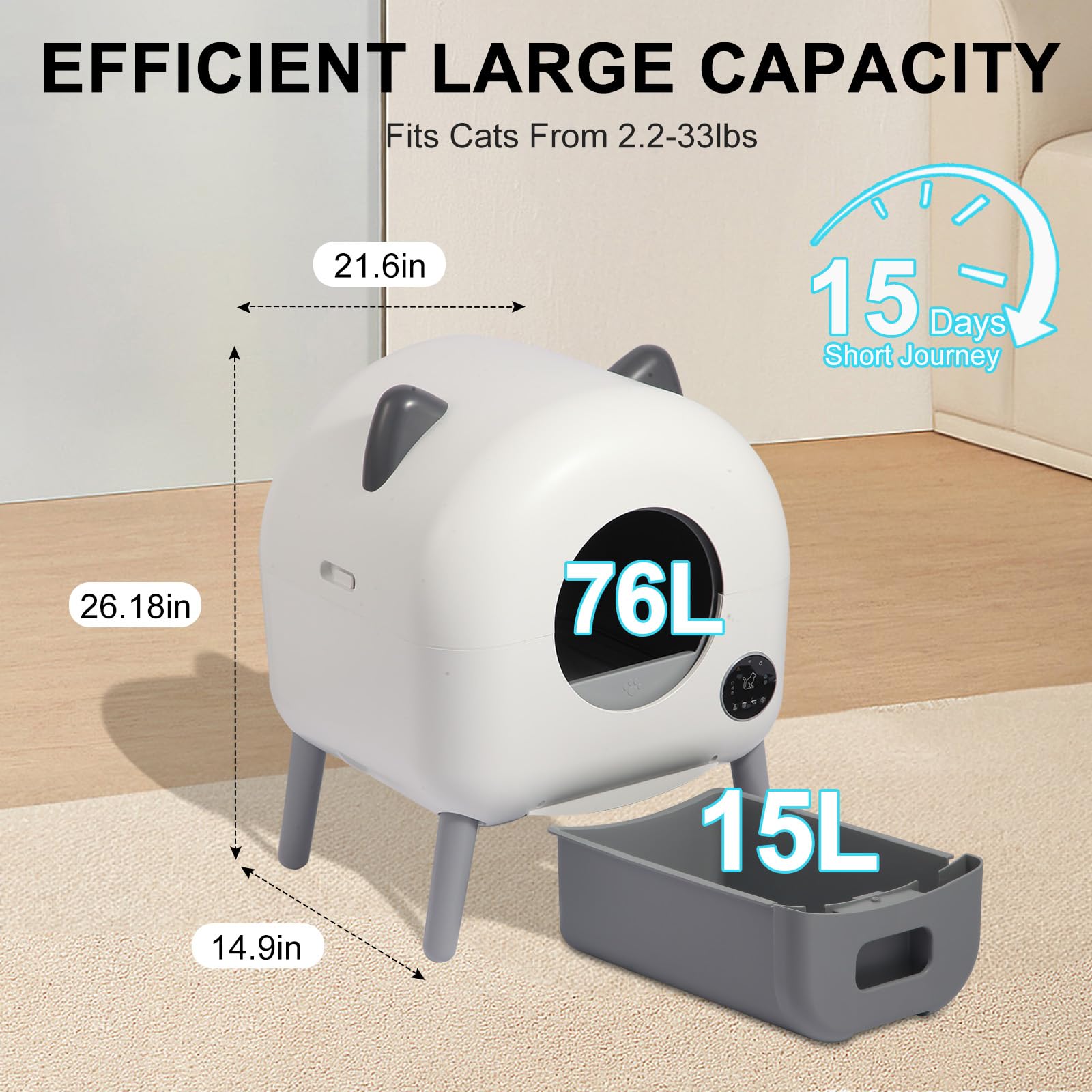 Veathzet Self Cleaning Litter Box, Automatic Cat Litter Box, Self Cleaning for Cats, 76L Large Capacity for Multiple Cats with App Control Multi Safety Protection, Garbage Bags, Mat, Brush - image 3