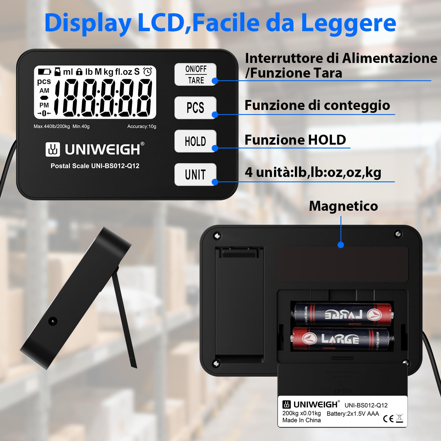UNIWEIGH Bilancia per pacchi 440 lb 0,35 oz digitale PCS Tenuta Tara