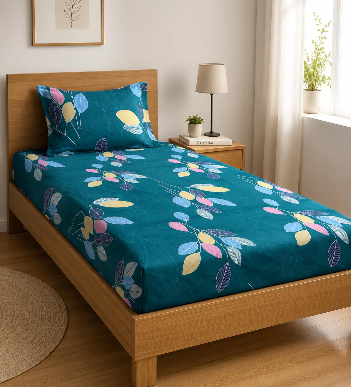 LOOMLYFE Microfiber Soft Cotton Single Bed Bedsheet for Diwan Bed, Size 60 Inches X 90 Inches, 152 X 230 cm with 1 Large Size Pillow Covers Without Joint - GreenLeaves