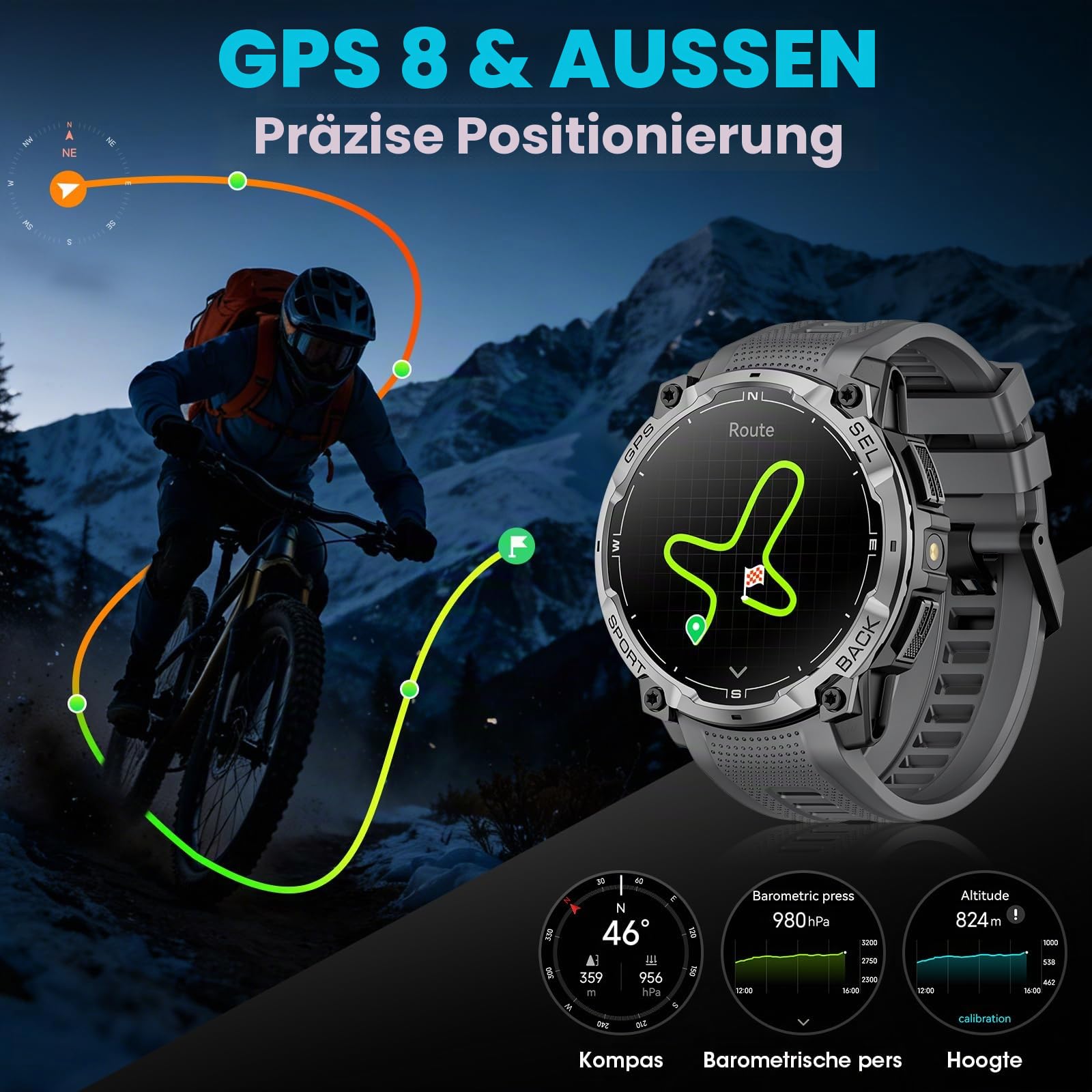 Militär Smartwatch Herren mit GPS, 1,43" AMOLED HD Fitnessuhr mit Bluetooth Anrufe, LED Taschenlampe, Kompass, 100+ Sportmodi, 3ATM Wasserdicht, Herzfrequenz, Smart Watch für iPhone Android