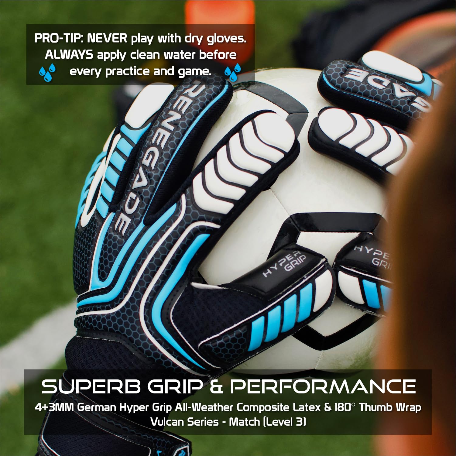 Renegade GK Vulcan Gants De Gardien De But (Tailles 6-11, Level 3) 3.5+3MM Hyper Grip & Pro-Tek Fingersaves | Gant de Football Polyvalent | Gant Gardien de But Adulte, Homme, Junior