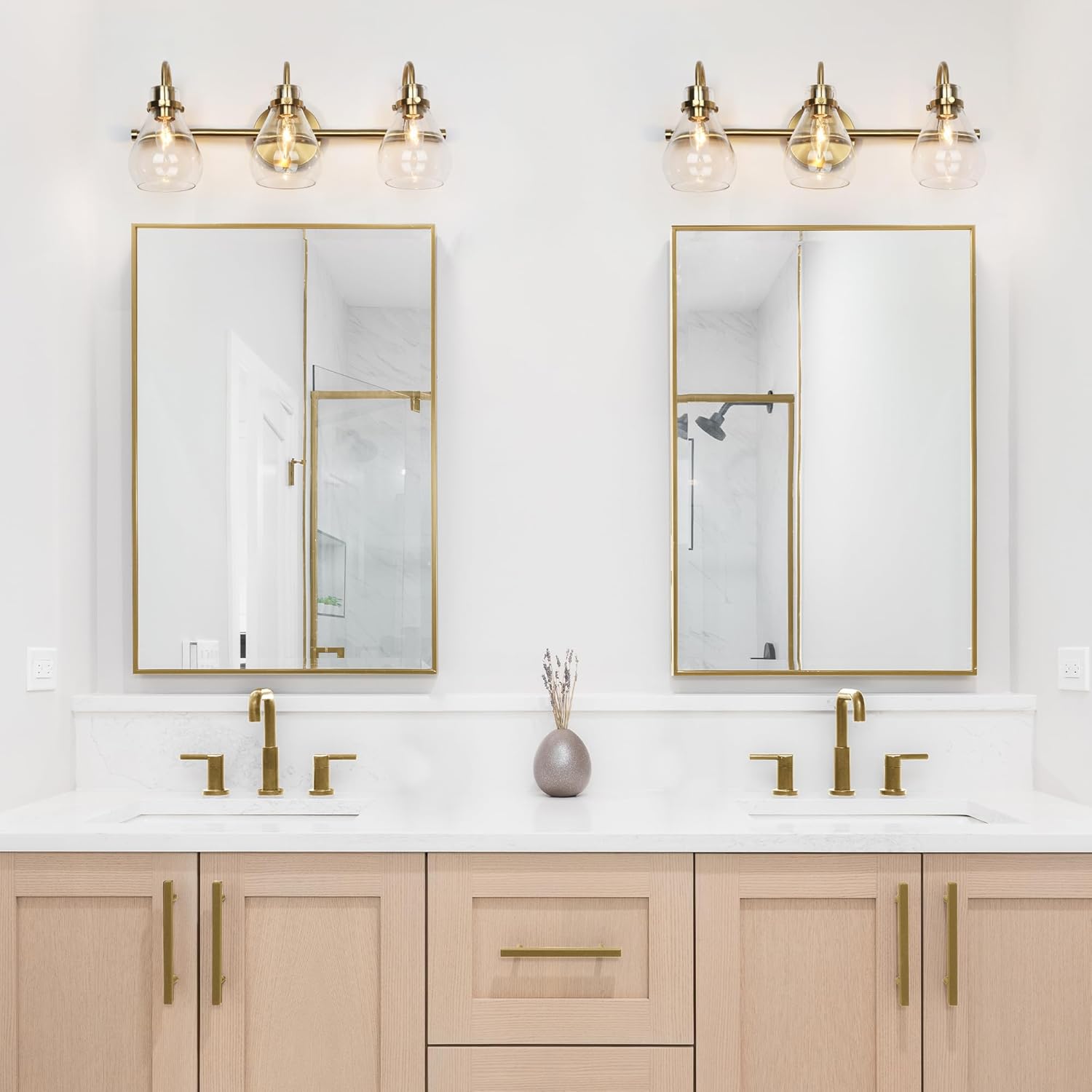Modern Vanity Lights, 3 Light Clear Glass Bathroom Light Fixtures Electroplated Brass Bathroom Vanity Lighting for Kitchen, Hallway, Bedroom, 21" L x 8" H