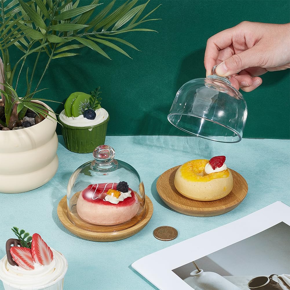 NBEADS 2 piezas de cúpula de postre de vidrio con base, mini cúpula de bambú para tartas, tarros de campana, bandeja de cristal para servidor, para cocina, fiesta de cumpleaños, boda, 8 cm de diámetro