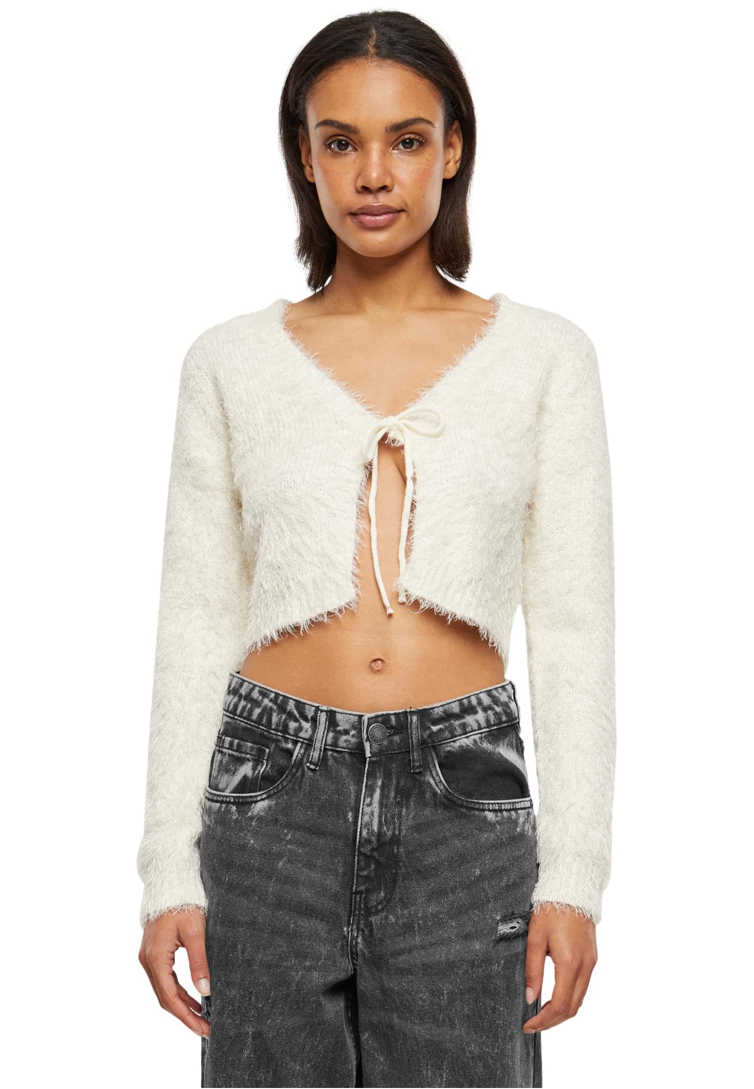 Urban Classics Women's Ladies Tied Cropped Feather Cardigan Sweater, Whitesand, XS