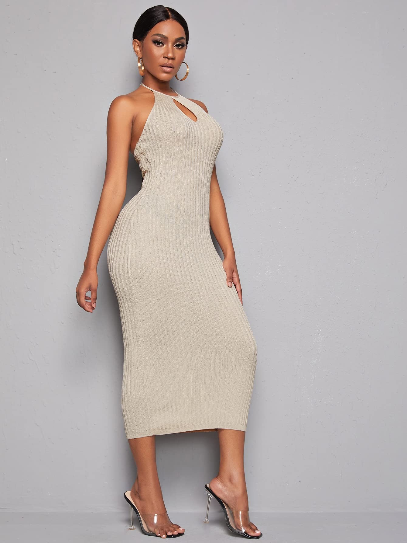 Psampa 1pc Ribbed Knit Cut Out Backless Halter Sweater Dress (Color :  Apricot, Size : S): Buy Online at Best Price in UAE - Amazon.ae