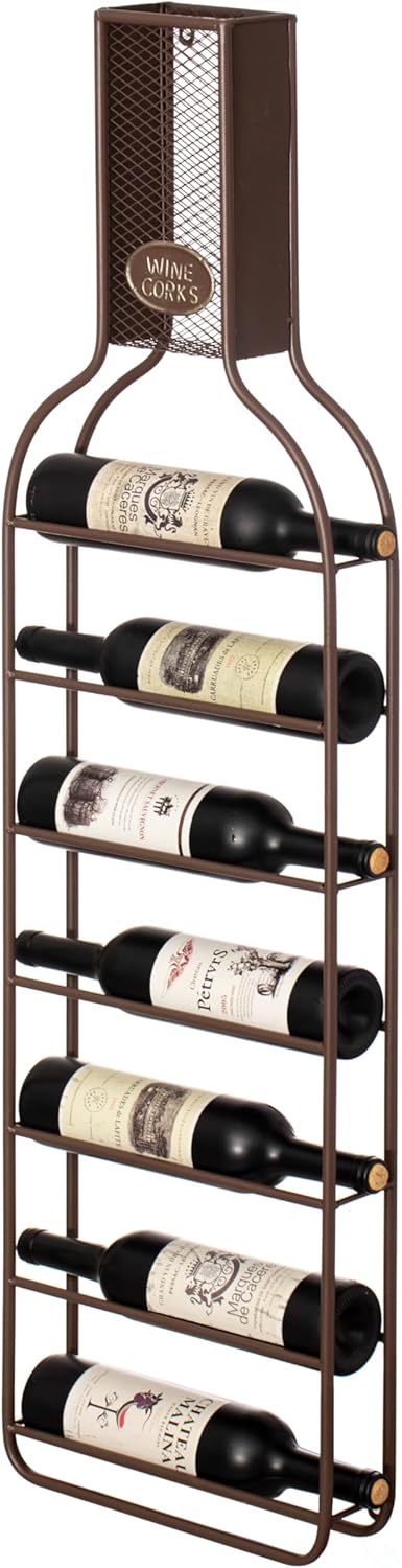 Vintiquewise Decorative Wall-Mounted 7-Bottle Metal Wine Rack with Mesh Cork Catcher, Stylish Champagne, White, and Red Wine Storage for Living Room, Kitchen, Dining Room, and Bar Décor, Brown