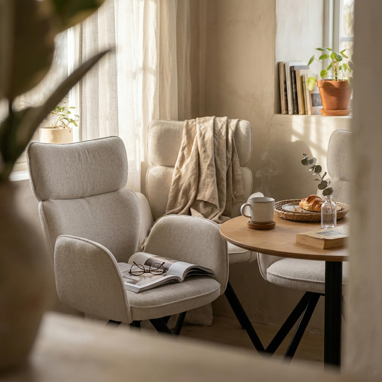 JIEXI Drehbar Esszimmerstuhl mit Armlehne, 180° Schwenkbar Hochlehner Polsterstuhl, Moderner Stoff Küchenstuhl mit Metallgestell, für Esszimmer Wohnzimmer Büro, Weiß/Beige