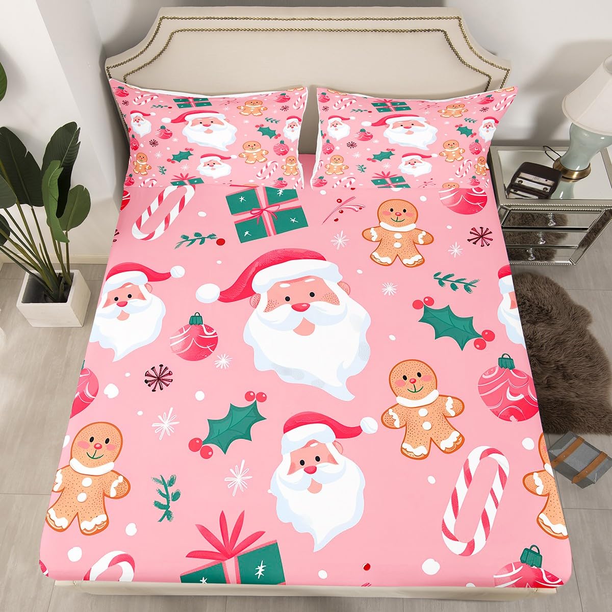 Feelyou Merry Christmas Bed Sheets Pink Snow Fitted Sheet for Kids Boys Girls Cookies Candy Bedding Set Xmas Tree Sheets Set Bedroom Collection 2Pcs