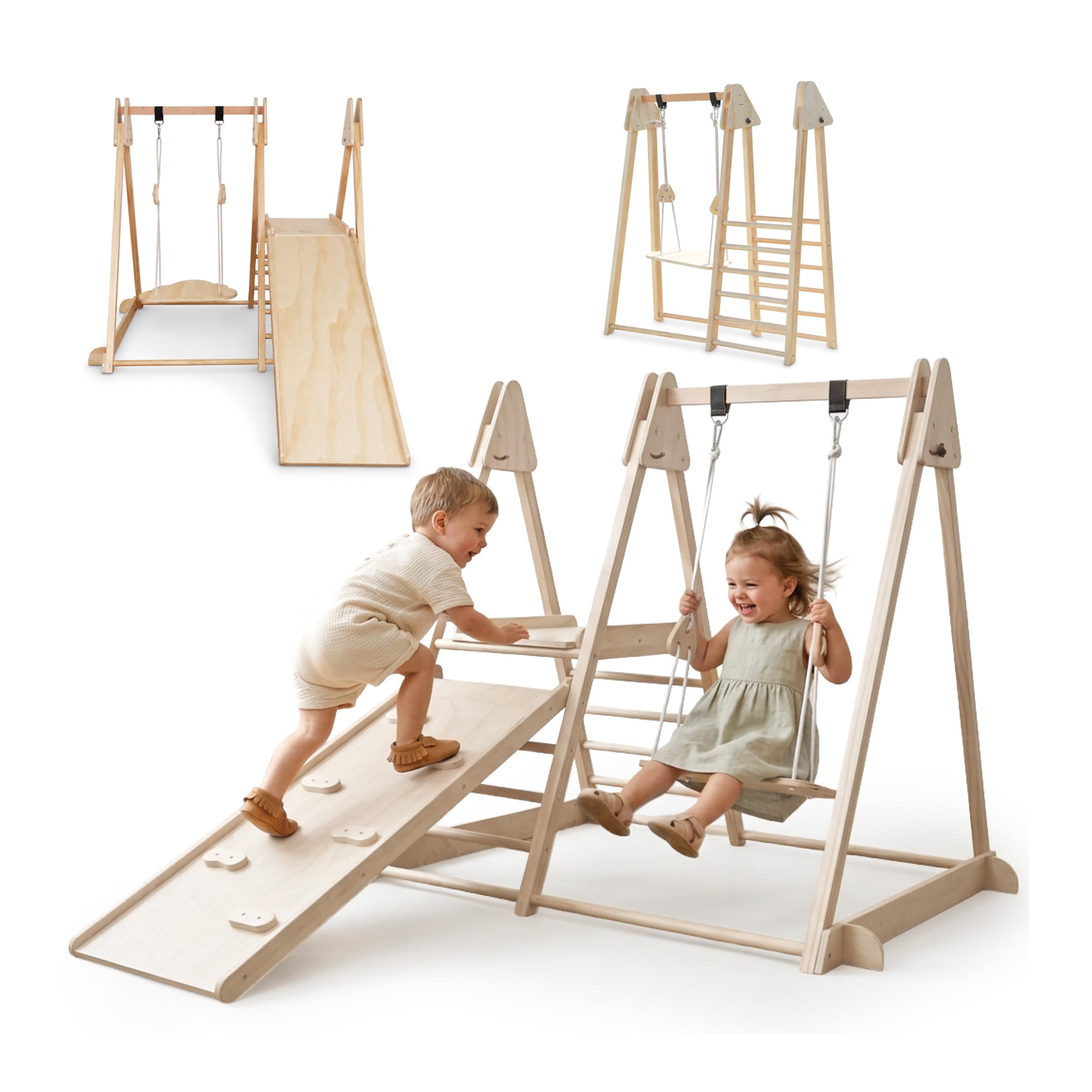 Mamabrum Indoor Spielplatz aus Holz 3in1 mit Rutsche, Kletterwand und Schaukel, klappbares Montessori Bewegungsset aus Buche, 118 x 105 x 119,5 cm, ab 3 Jahren