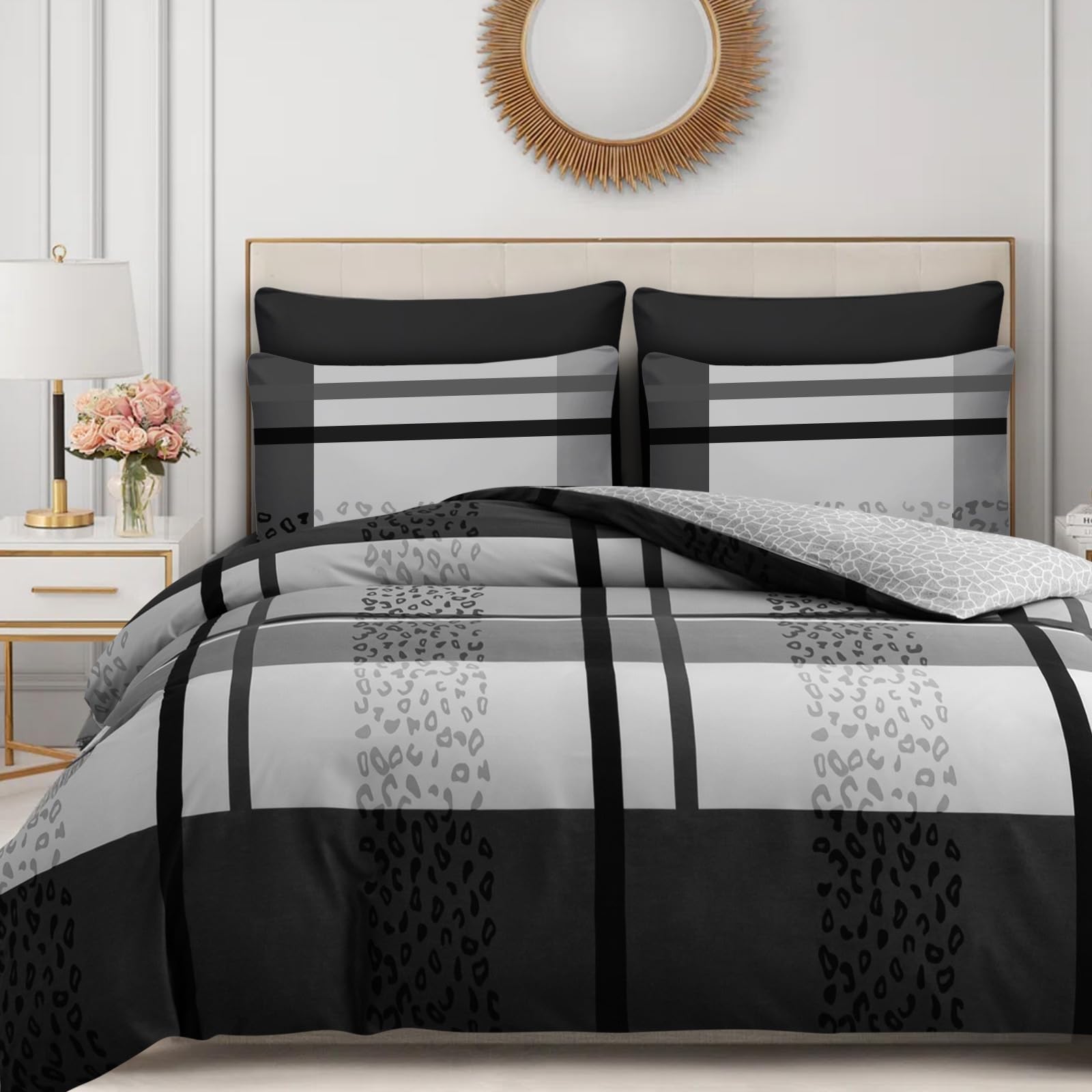 DEKORO Double Duvet Set - Reversible Duvet Cover Sets - Premium Microfibre - Hypoallergenic Ultrasoft Bedding Set Grey With Pillow Cases