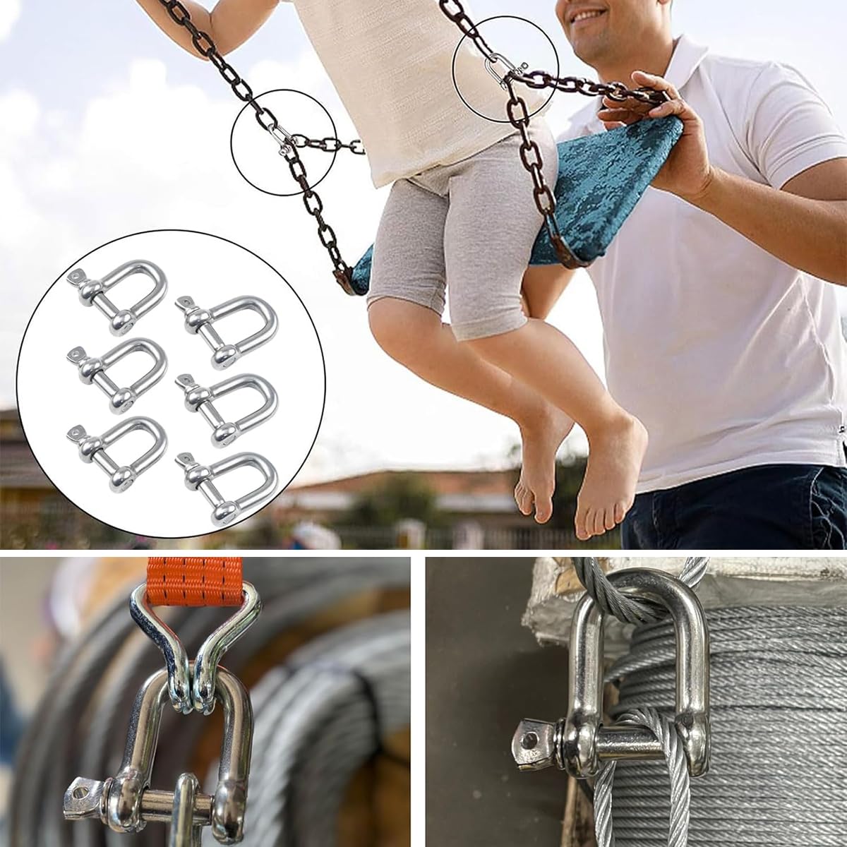 4er-Set M10 Edelstahl D-Ring Schäkel – Gerade, Kurze Form, 304er Qualität, Mit Augenbolzen – Für Seile, Ketten & Takelage