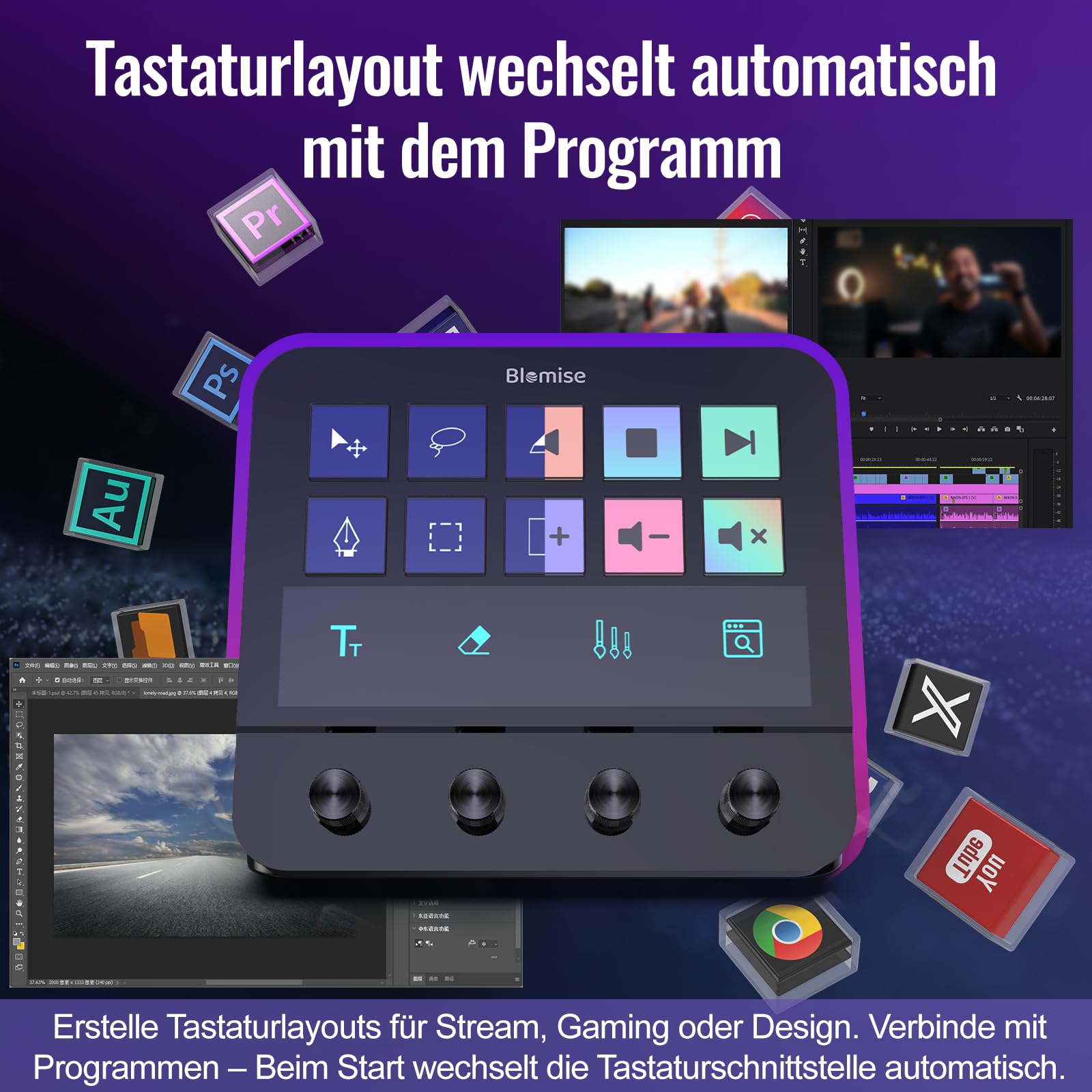 Stream Control Deck, Studio Controller, 10 anpassbaren LCD-Makrotasten, 4 Drehreglern Knöpfe, Mit Touchscreen und USB-Erweiterung, kompatibel mit Mac und PC