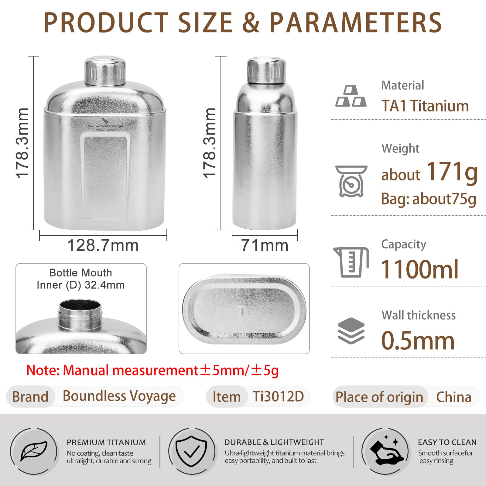 iBasingo Titan Feldflasche 1100ml Camping Trinkflasche, Silber Ti3012D | Ultraleicht mit Auslaufsicherem Deckel & Umhängehülle, Feuerfest für Outdoor Wandern, Trekking, Picknick, Bushcraft