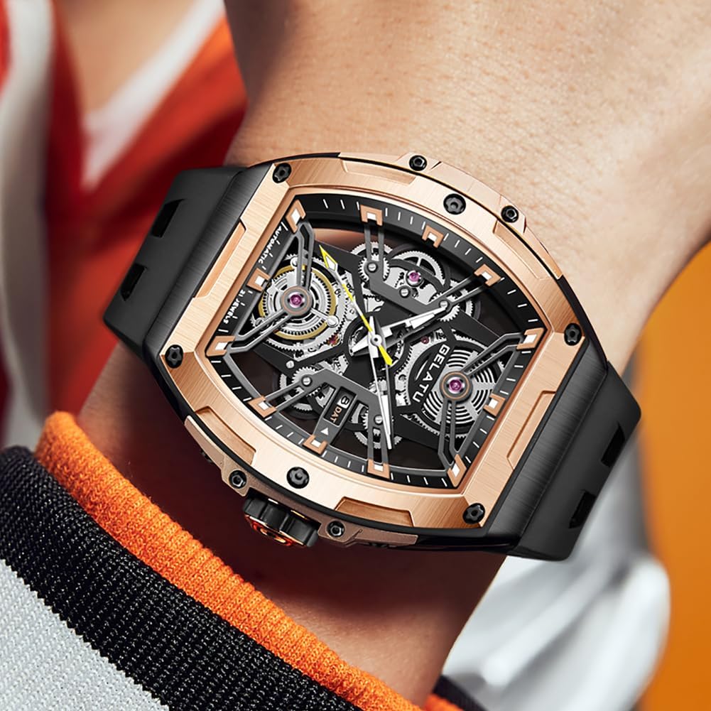 OLEVS Luxus-Uhren für Herren, schwarz, mechanische Armbanduhr, selbstaufziehend, automatische Tourbillon-Uhren, Skelett, wasserdicht, Herren-Armbanduhr