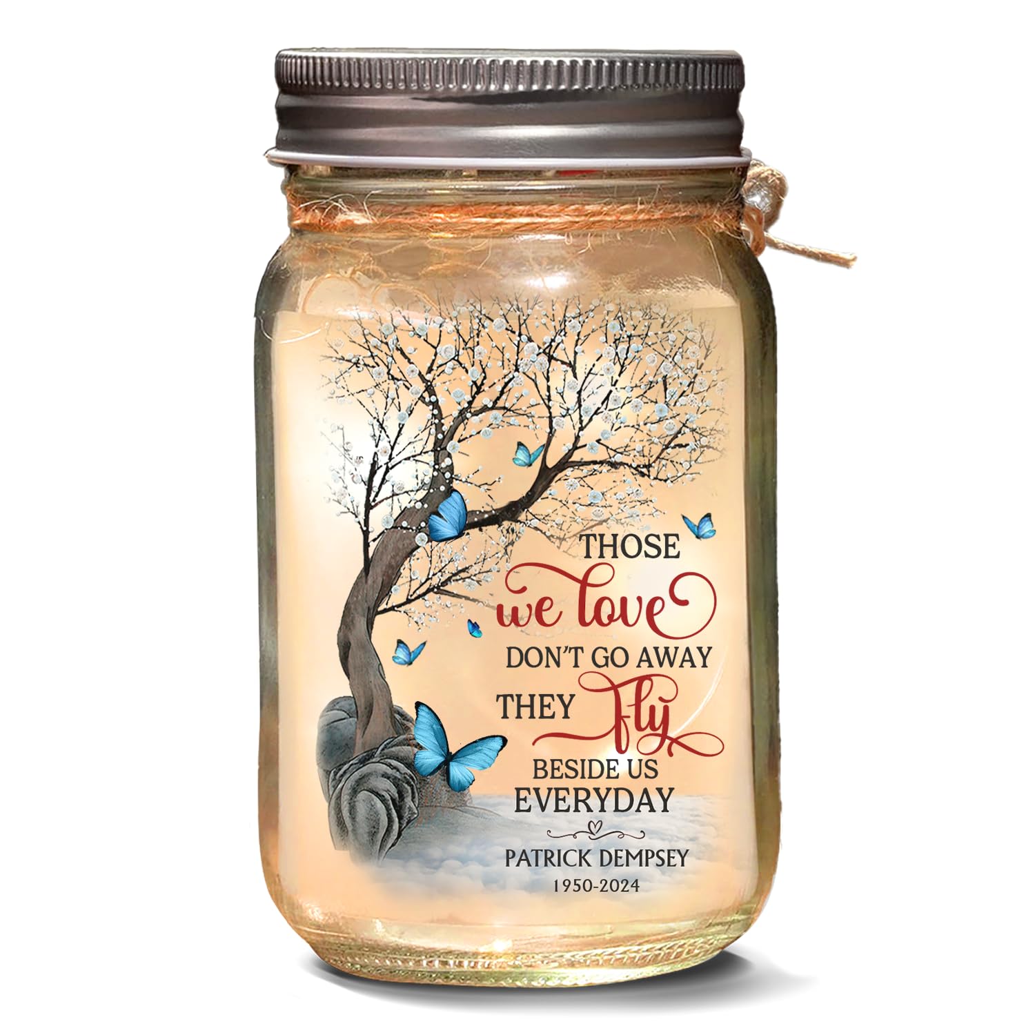 Joy Crafters Those We Love Don't Go Away Personalized Memorial Mason Jars, Sympathy Gifts For Loss of Mom Dad Grandparents, Celebration Of Life Decorations, Grieving Gifts, Mason Jars 16 Oz With Lids