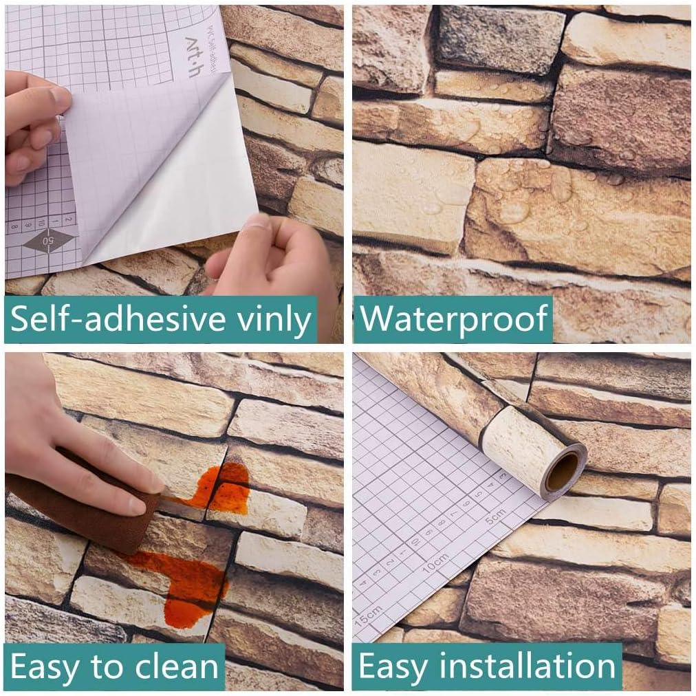 Arthome 43.5cmx305cm Brown Stone Brick Self Adhesive Wallpaper,Peel and Stick Contact Paper Sticky Back Plastic Roll,Waterproof PVC Vinyl Wrap Film for Kitchen Fireplace Backsplash Wall Covering - Image 3