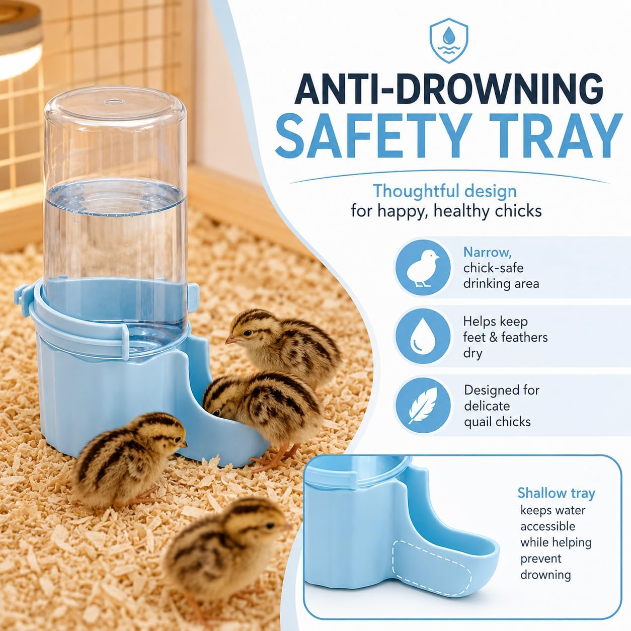 Quail Chick Waterer, 16.6 oz Automatic Gravity Baby Quail Waterer with Anti-Drowning Shallow Tray, Hanging or Free-Standing Quail Waterer for Button Quail, Brooders & Wire Cages image 3