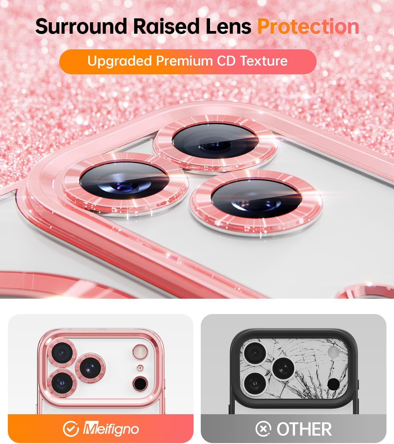 Meifigno Designed for iPhone 17 Pro Magnetic Case with Removable Phone Ring Stand, [Glitter Card & Wrist Strap] [MagSafe Compatible] [Built-in Mirror] Phone Ring Stand + Phone Case Kit, Rose Gold - Image 5