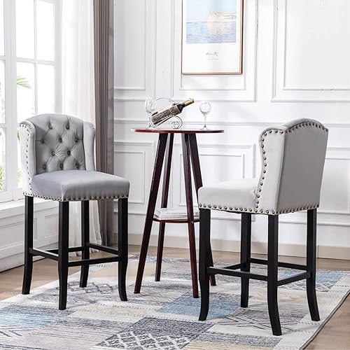 Miniatura 7 de Juego de 2 taburetes modernos de lino de 26 pulgadas, taburetes tapizados con botones con patas de madera maciza, sillas de bar bajas con respaldo