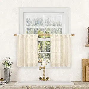 LAMIT Beige Linen Cafe Curtains 24 Inch Length, Semi Sheer Light Filtering Window Panels Back Tab and Rod Pocket Drapes for Kitchen/Small Windows, 25 x 24 Inch, 2 Panels
