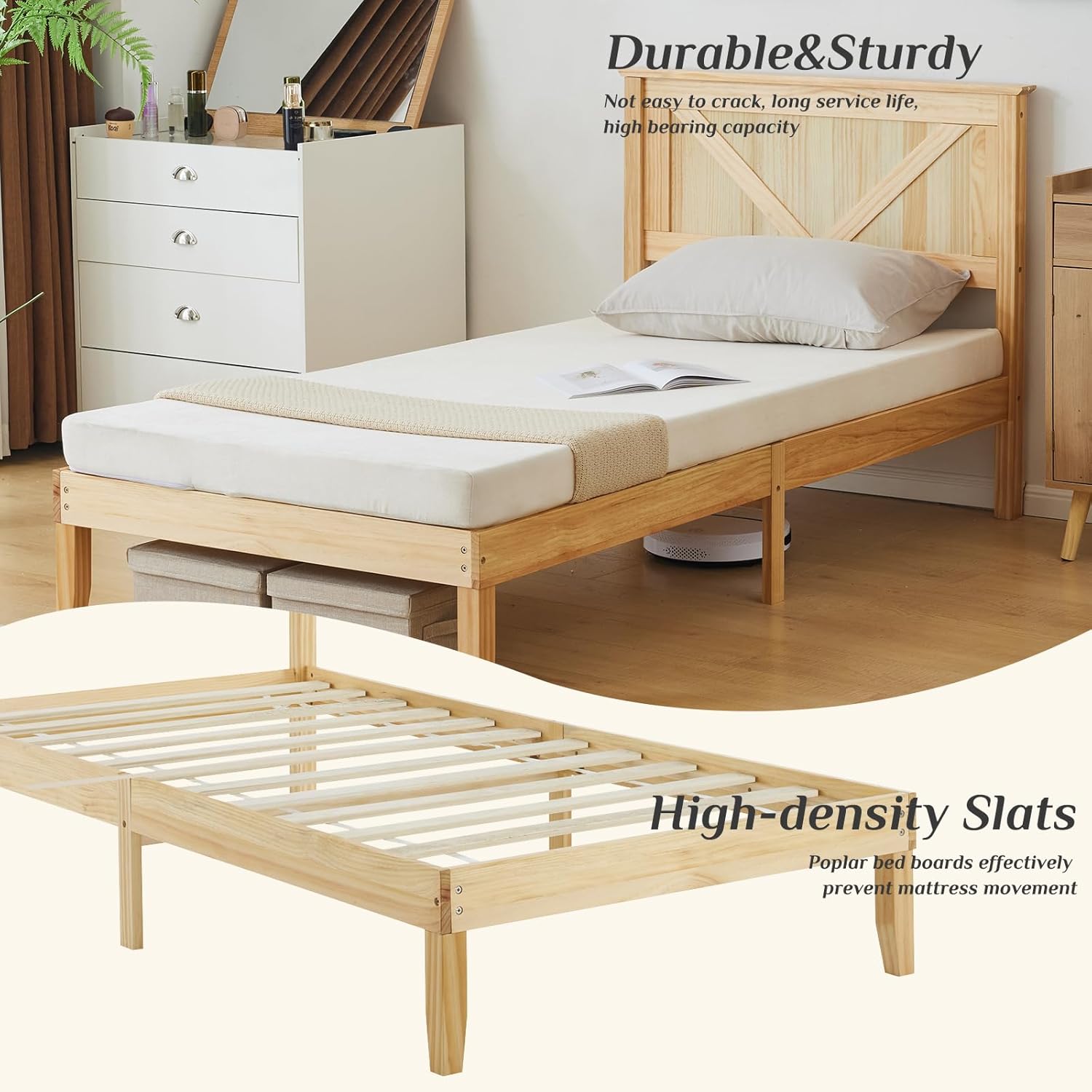 Karl home Farmhouse Bed Frame,Twin Size with Barn Door Headboard,Mattress Foundation with 12 Wooden Slat Support,Wooden Platform Bed,Under Bed Storage Space,No Box Spring Needed,Low-Noise,Nature