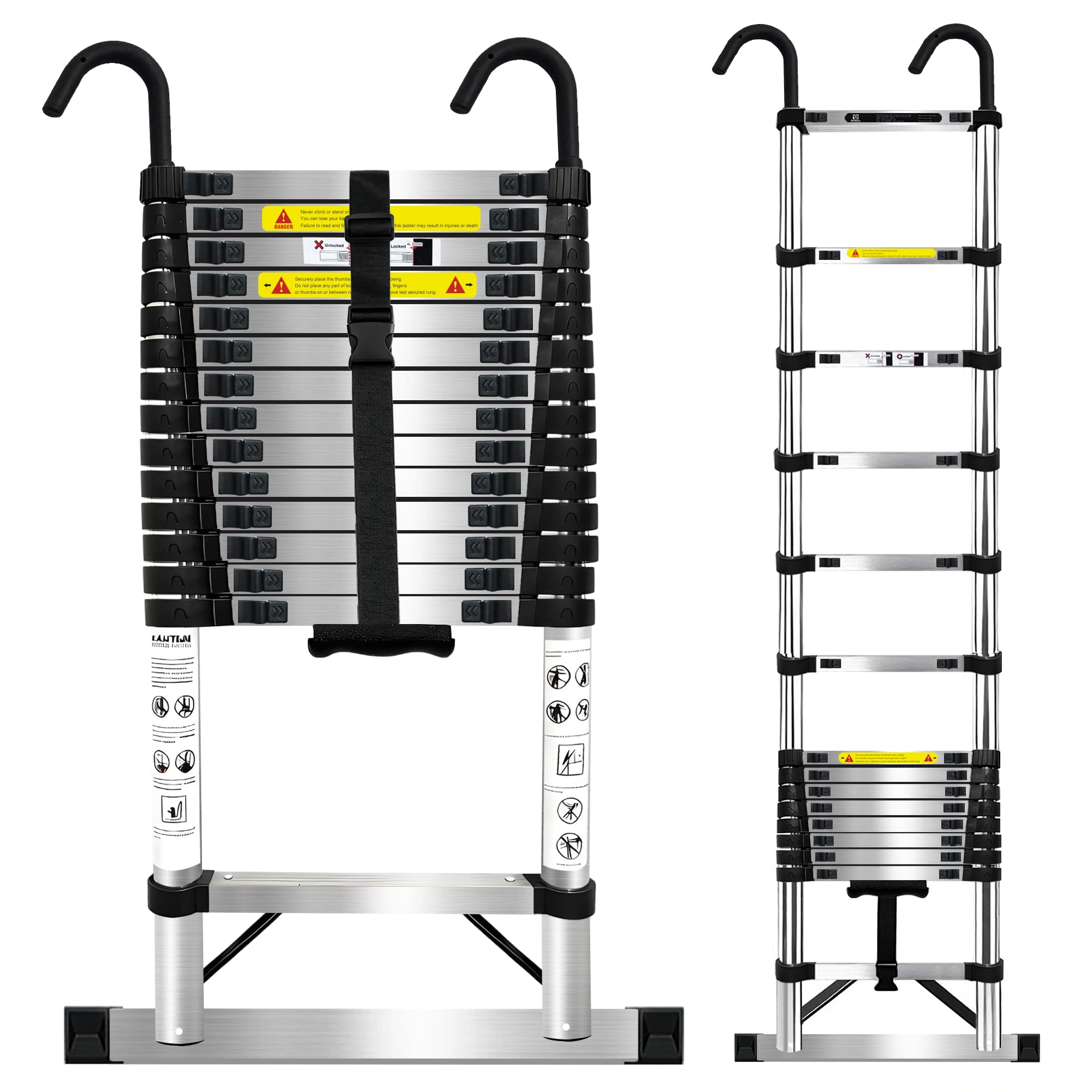 Escalera Telescópica de 6.3m,Escalera Plegable Acero Inoxidable,Escalera con Cierre de Seguridad con Patas Antideslizantes,Escalera Extensible con Barra Estabilizadora y Ganchos,para MáXima 150 Kg