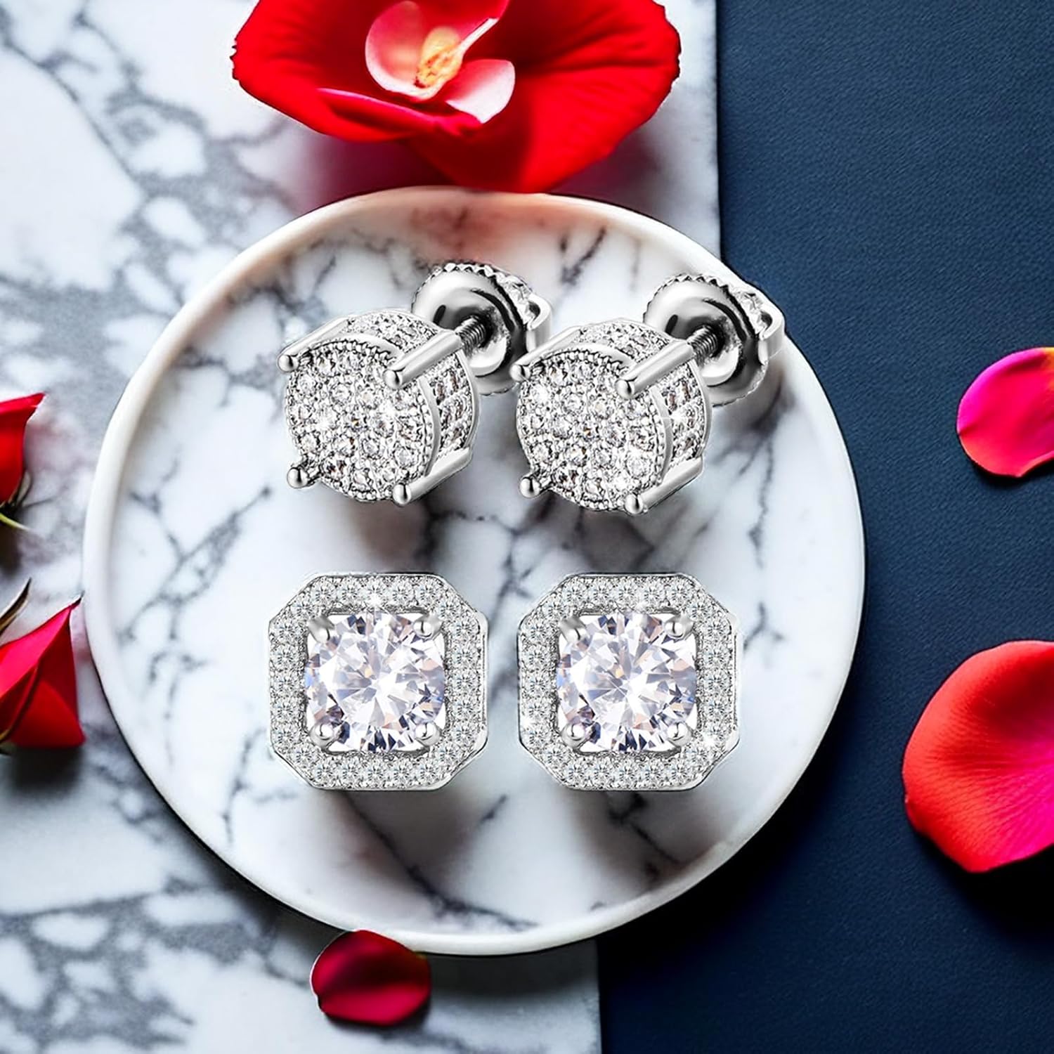 Stud Earrings for Men,18K White Gold Plated Round Square Cubic Zirconia Hypoallergenic Studs Earrings Set for Women - Image 4